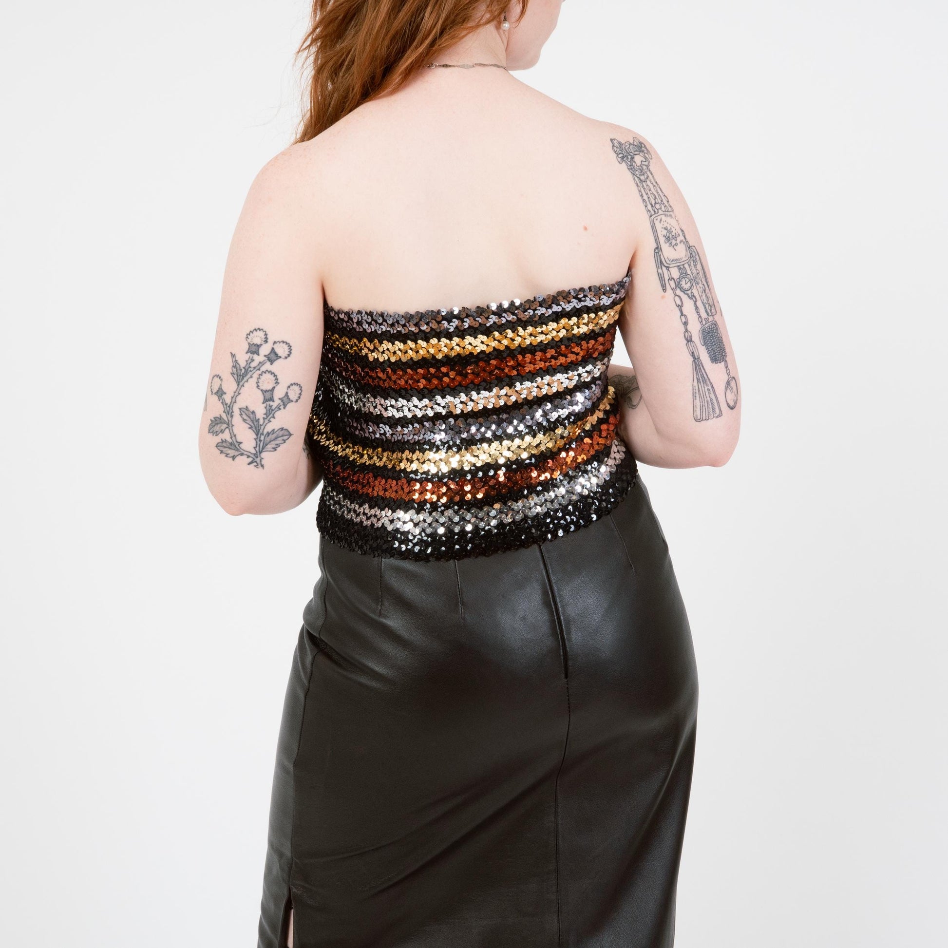 Vintage 70s Striped Sequin Disco Tube Top - Large to XL | Showgirl Strapless Pin Up Crop Top