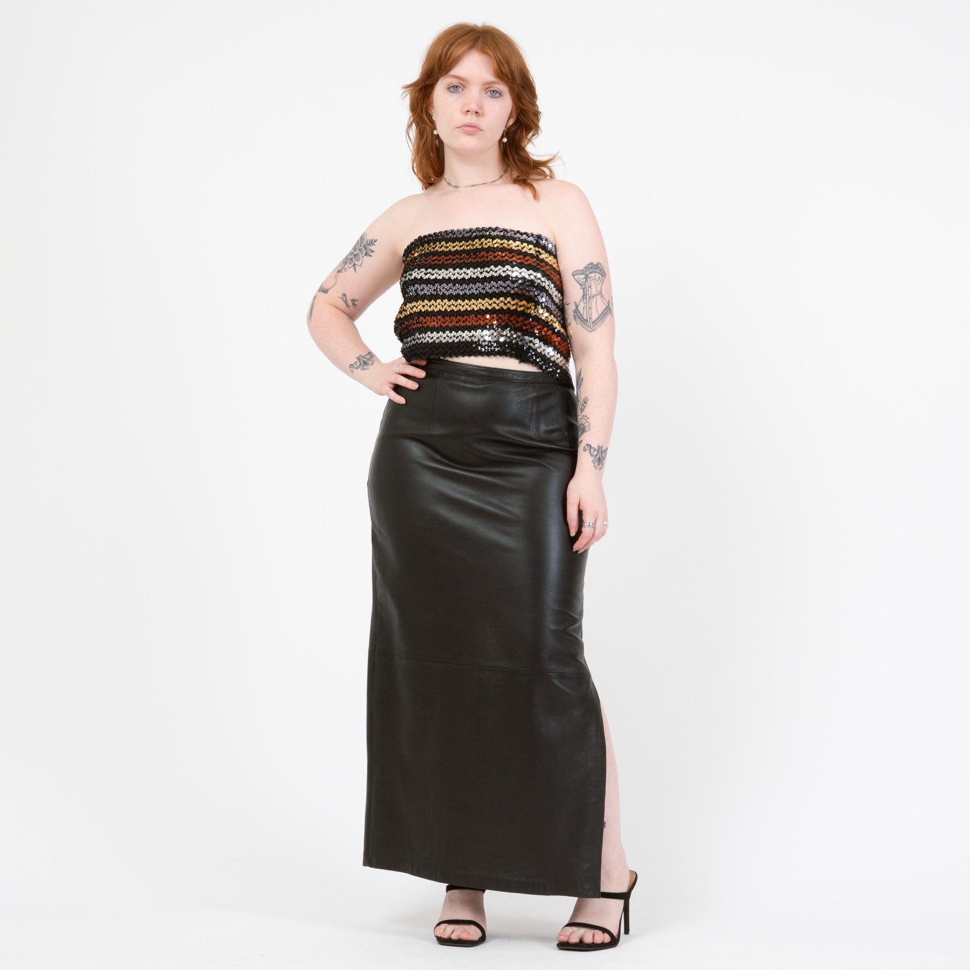 Vintage Y2K Black Leather Side Slit Maxi Skirt - Medium, 31" Waist | High Waisted Long Skirt