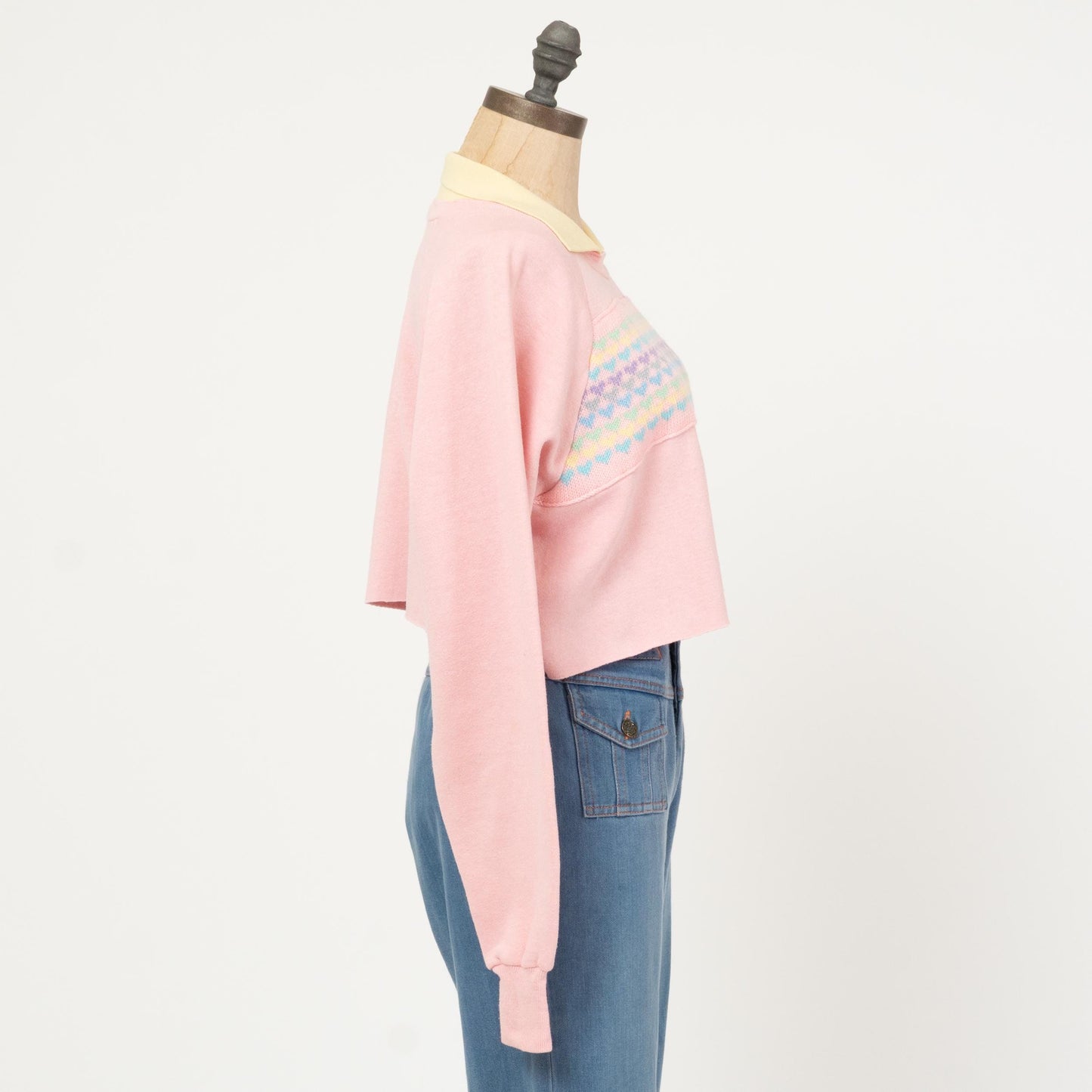 Vintage 90s Pink Heart Cross-Stitch Cropped Sweatshirt - Large to XL | Collared Pullover Crop Top