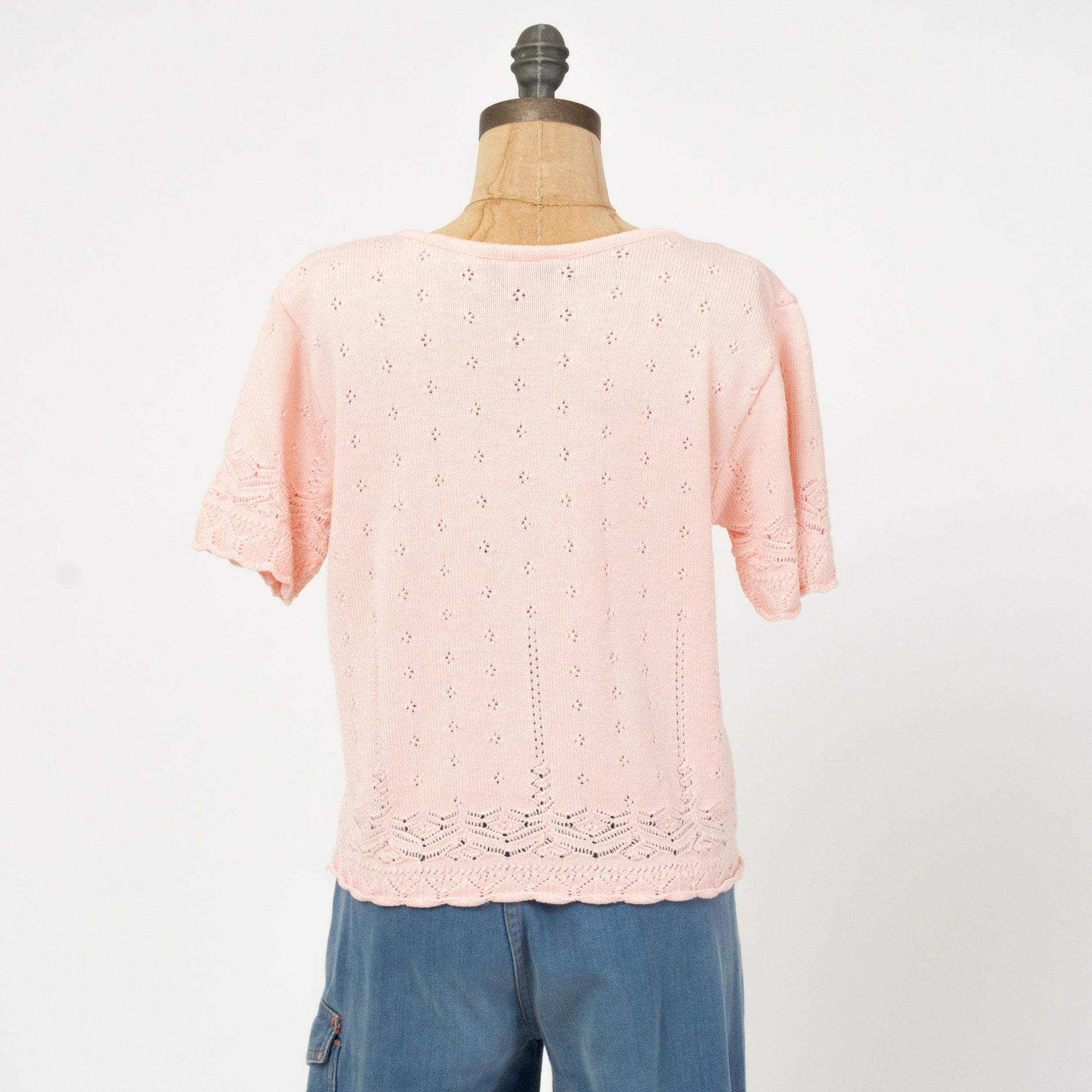 Vintage 80s Baby Pink Eyelet Knit Top - Medium | Retro Short Sleeve Sweater