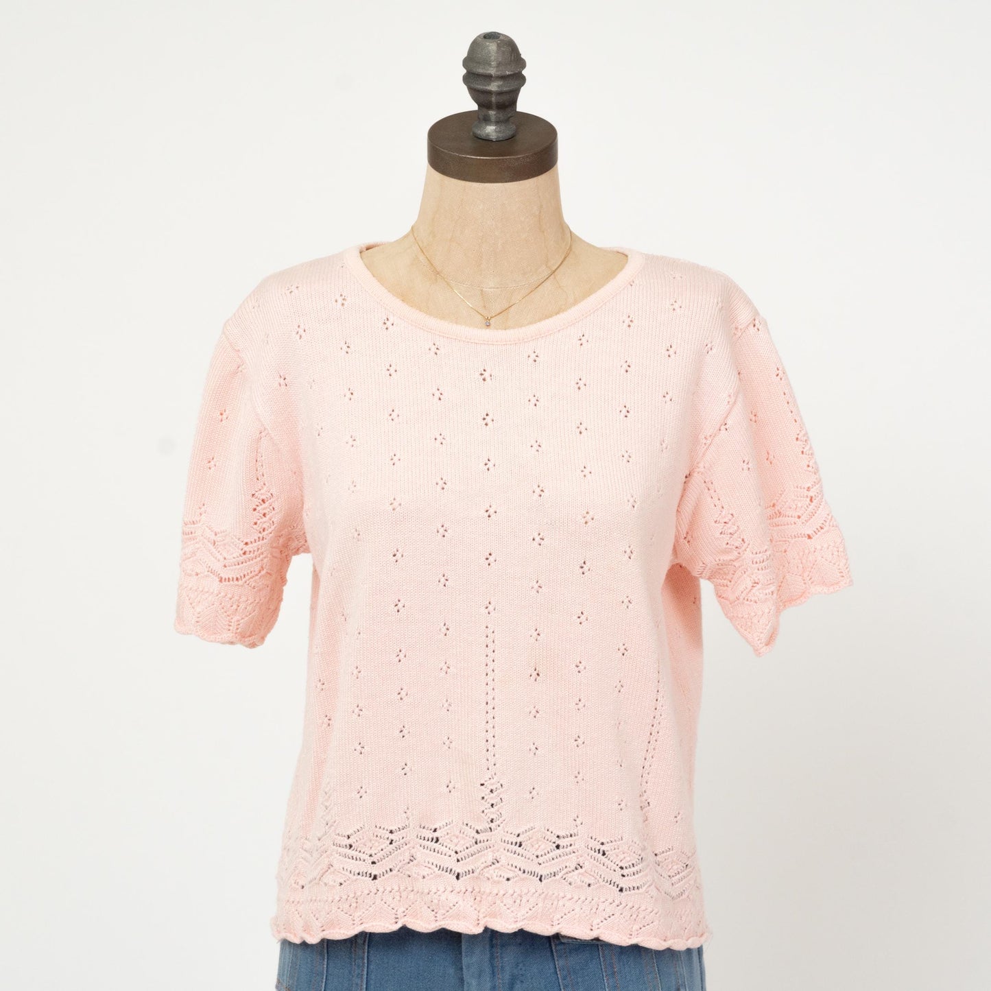 Vintage 80s Baby Pink Eyelet Knit Top - Medium | Retro Short Sleeve Sweater