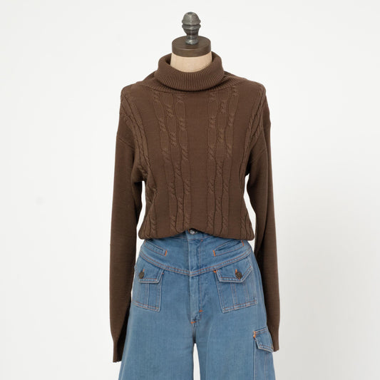 Vintage 80s Brown Cable Knit Turtleneck Sweater - Medium | Cropped Lightweight Pullover