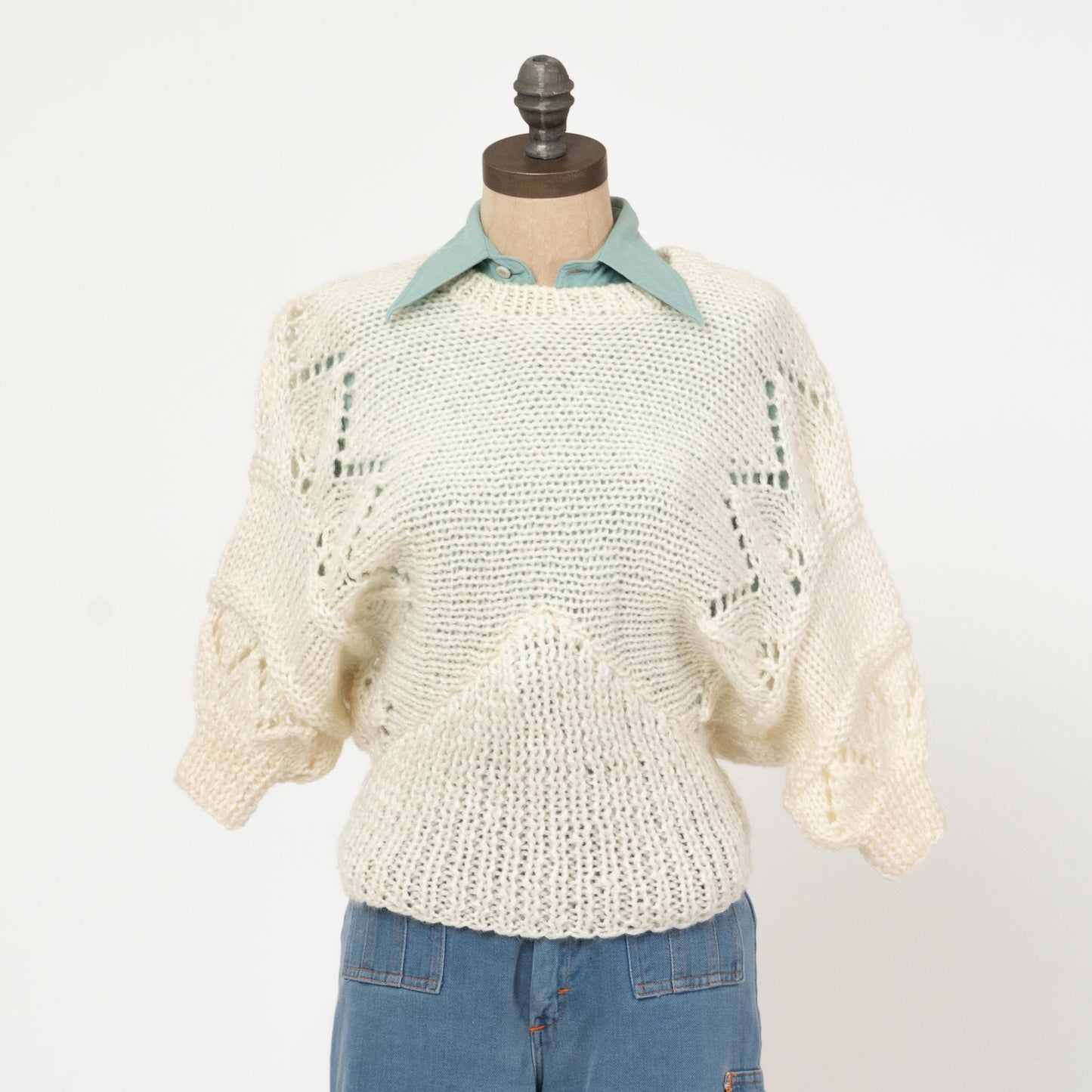 Vintage 80s Ivory Dolman Sleeve Sweater - Medium to Large | Half Sleeve Open Knit Pullover