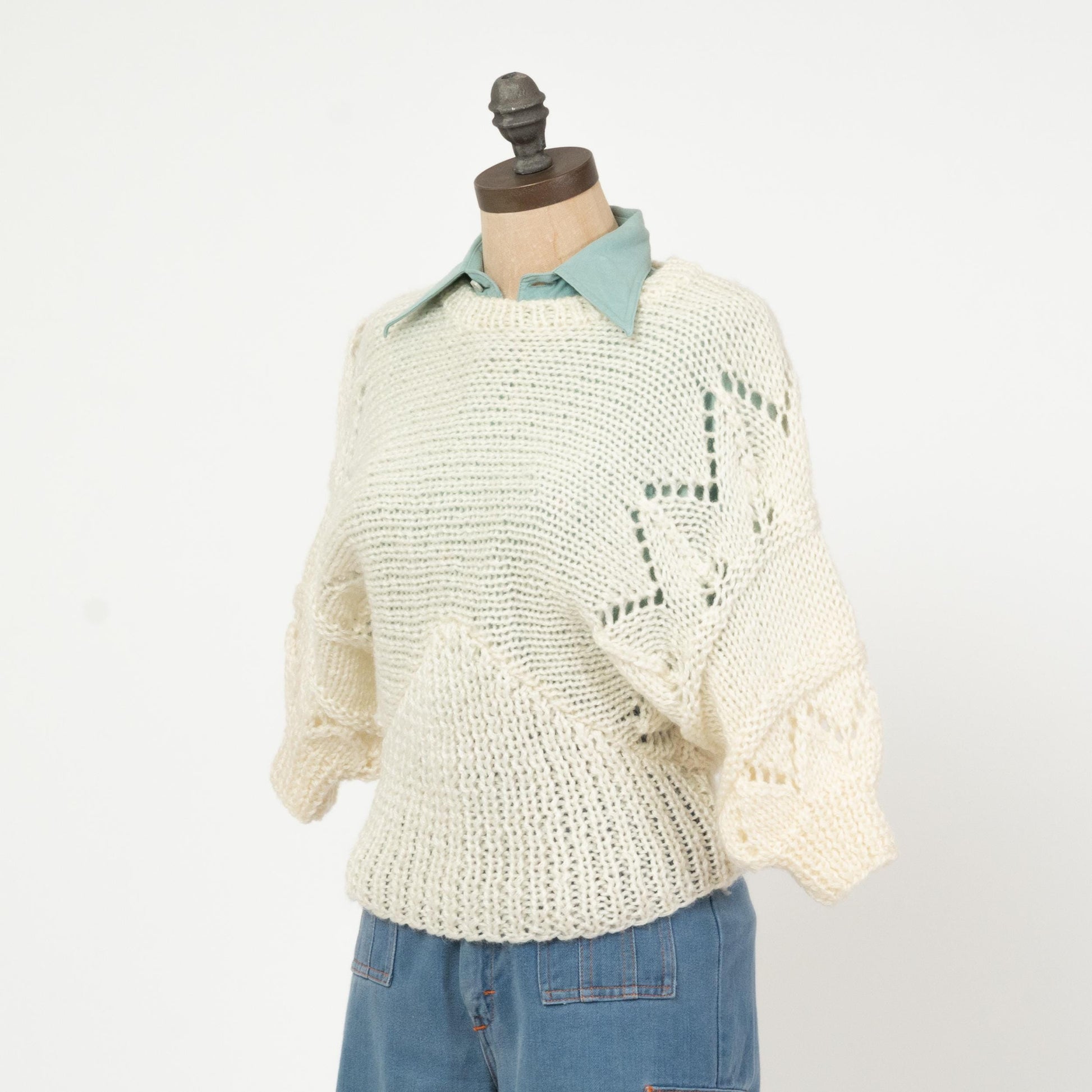 Vintage 80s Ivory Dolman Sleeve Sweater - Medium to Large | Half Sleeve Open Knit Pullover