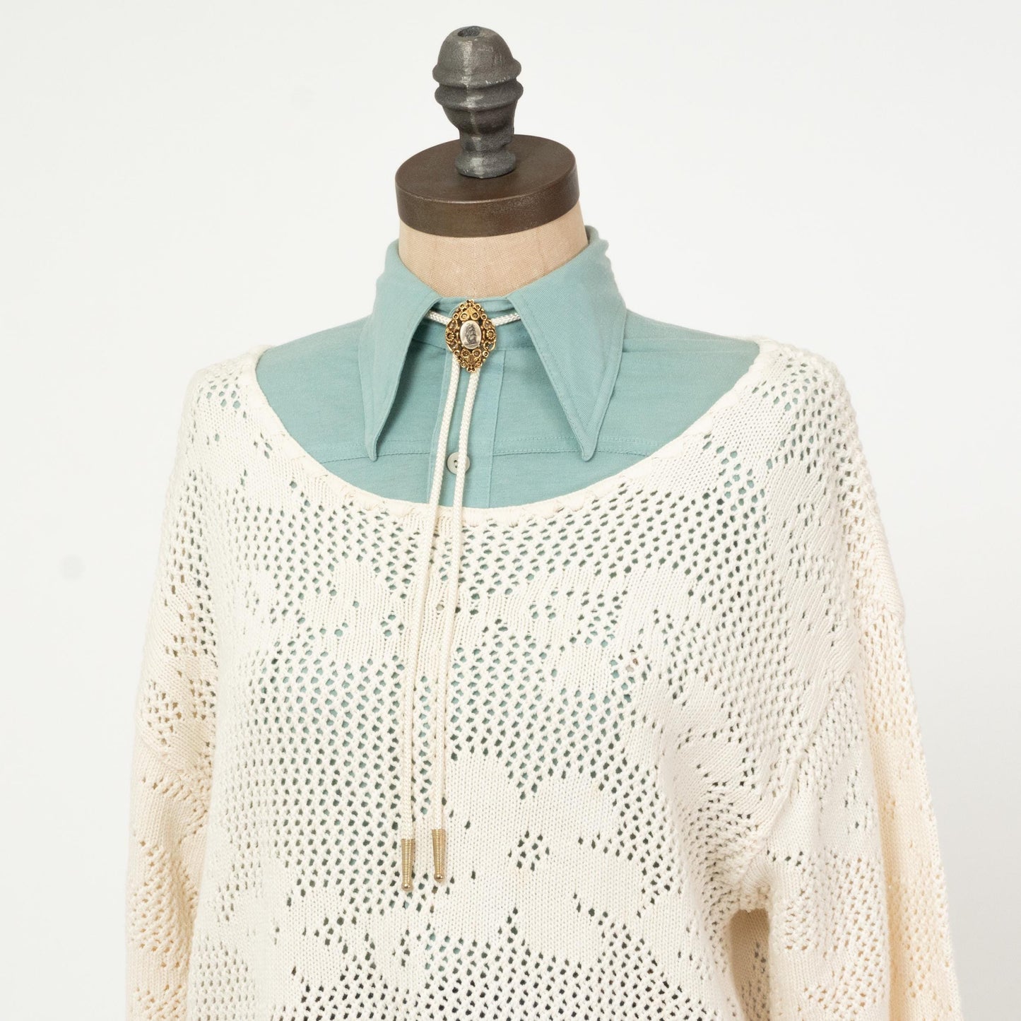 Vintage 90s White Floral Open Stitch Sweater - Medium | Longline Eyelet Knit Boatneck Pullover