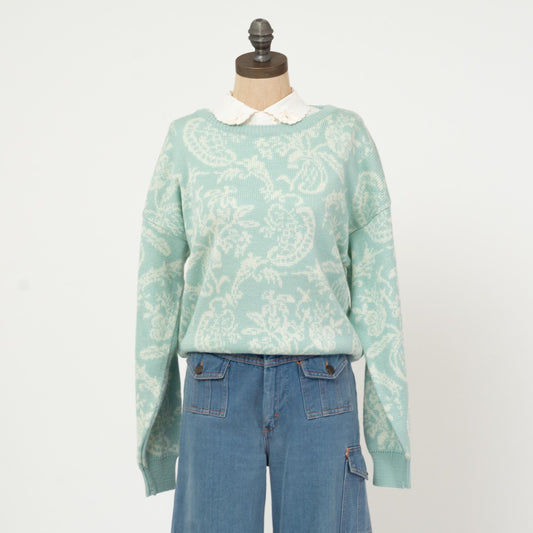 Vintage 80s Pastel Blue Floral Sweater - Large | Retro Cottagecore Grandma Sweater
