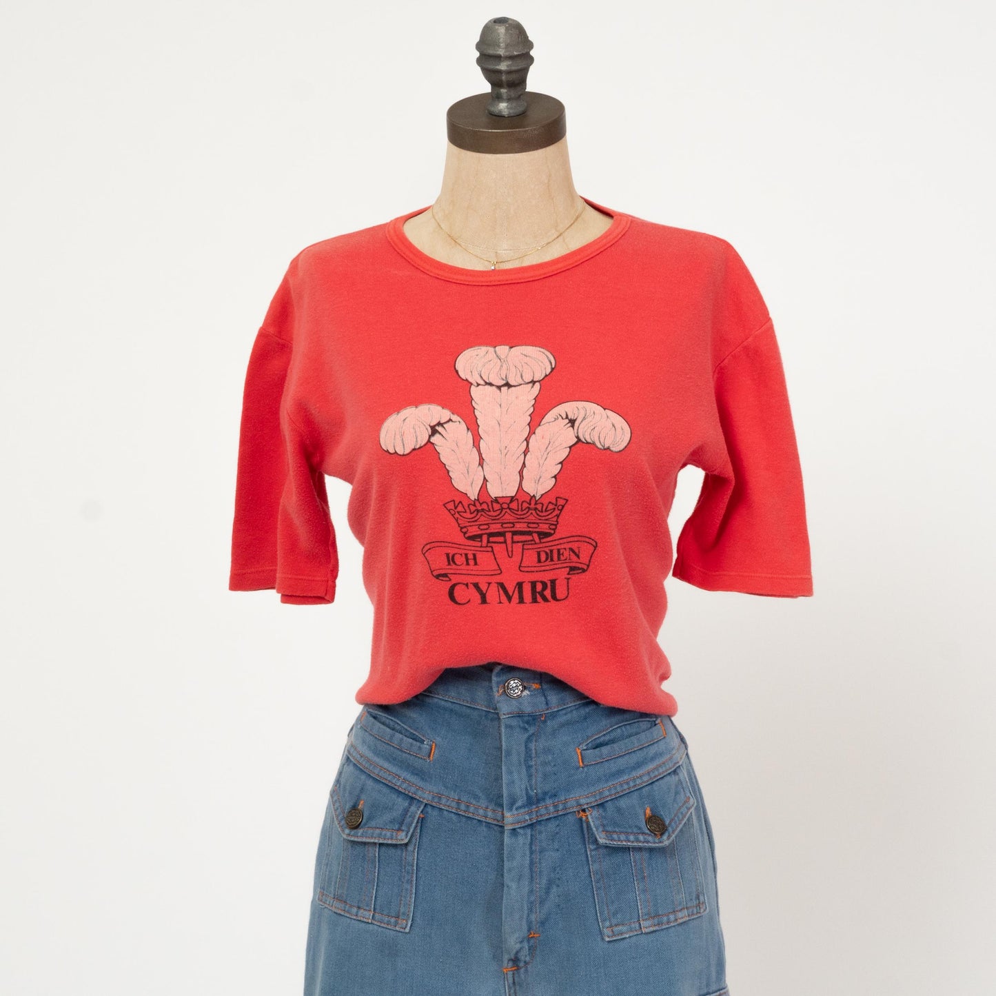 Vintage 70s Wales Graphic T Shirt - Large | Faded Red Welsh Heraldic Badge Feather Crest Tee