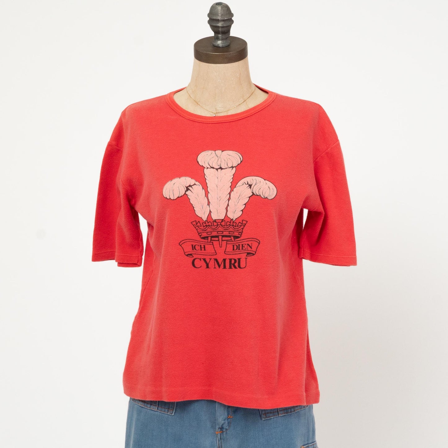 Vintage 70s Wales Graphic T Shirt - Large | Faded Red Welsh Heraldic Badge Feather Crest Tee