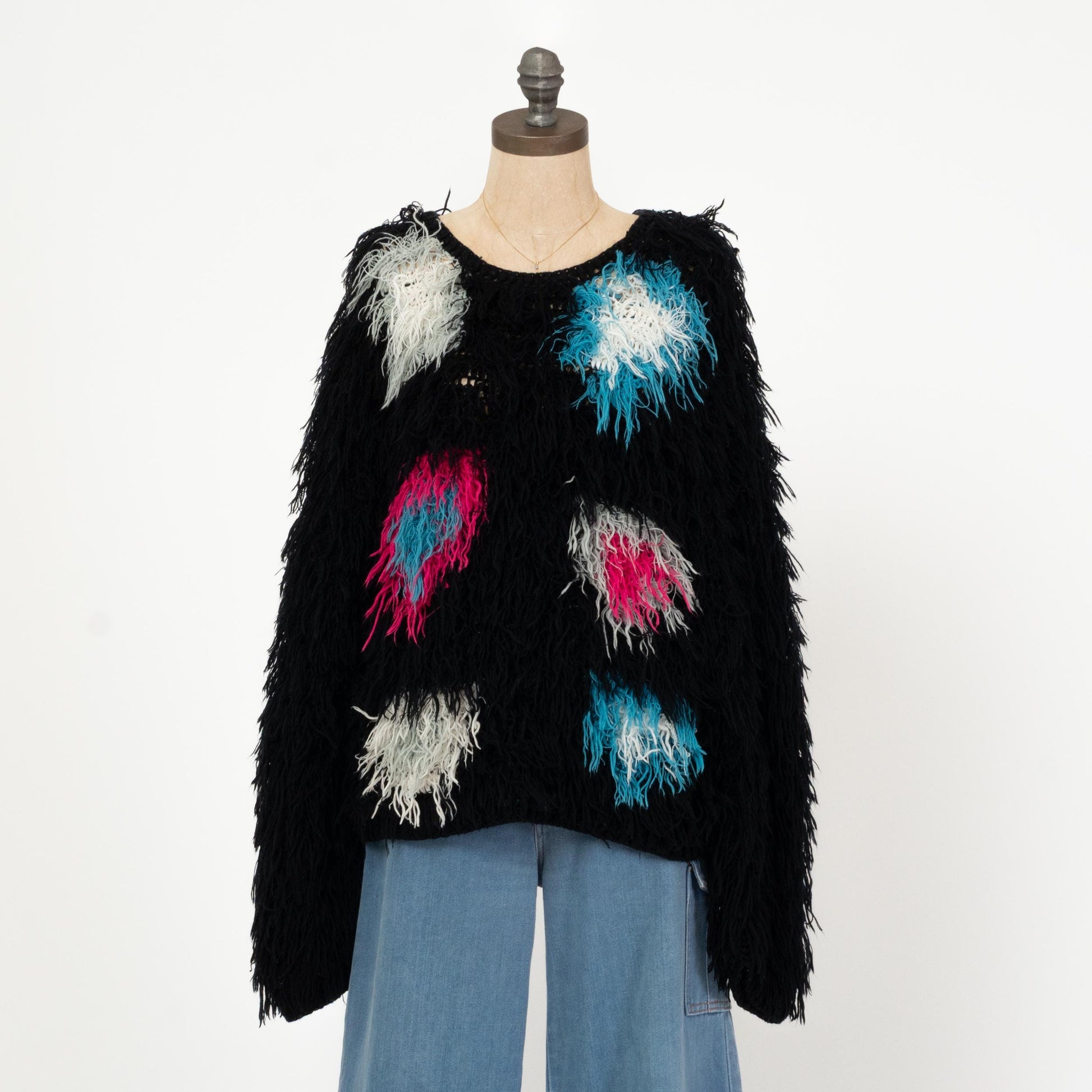 Vintage 80s Shaggy Knit Muppet Sweater - Small | Oversize Black Pink Blue Pullover