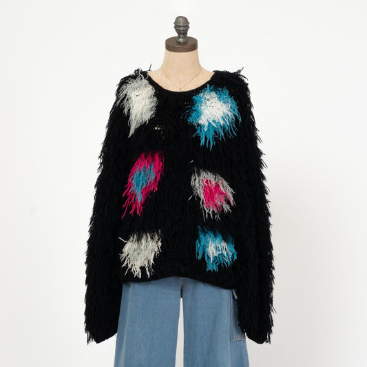 Vintage 80s Shaggy Knit Muppet Sweater - Small | Oversize Black Pink Blue Pullover