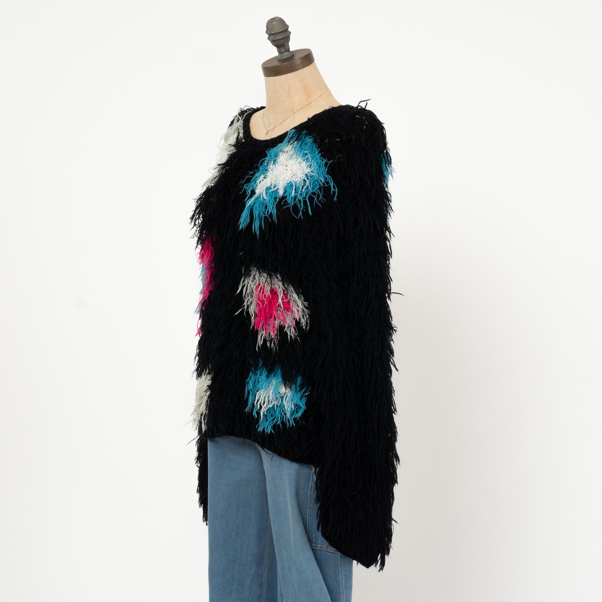 Vintage 80s Shaggy Knit Muppet Sweater - Small | Oversize Black Pink Blue Pullover