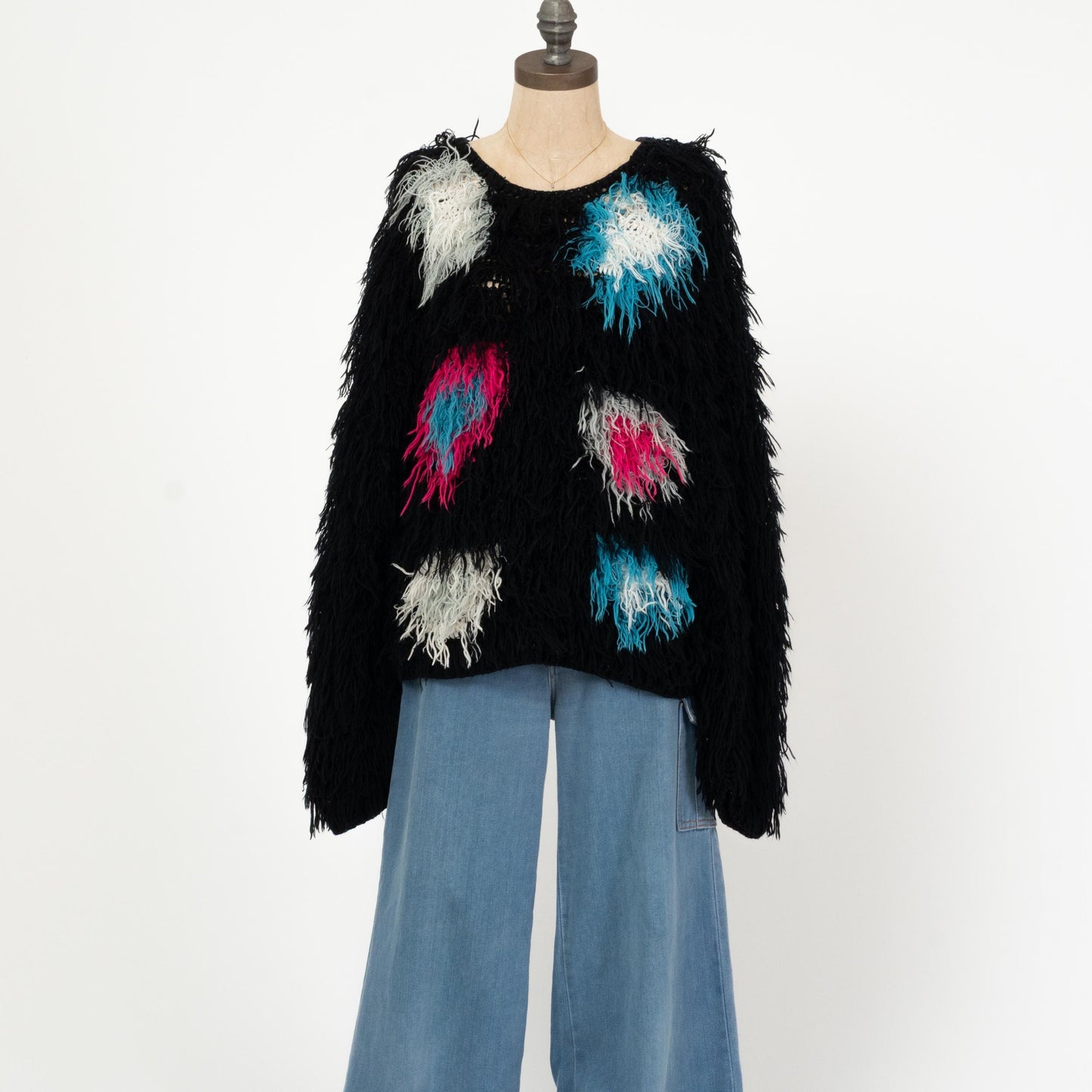 Vintage 80s Shaggy Knit Muppet Sweater - Small | Oversize Black Pink Blue Pullover