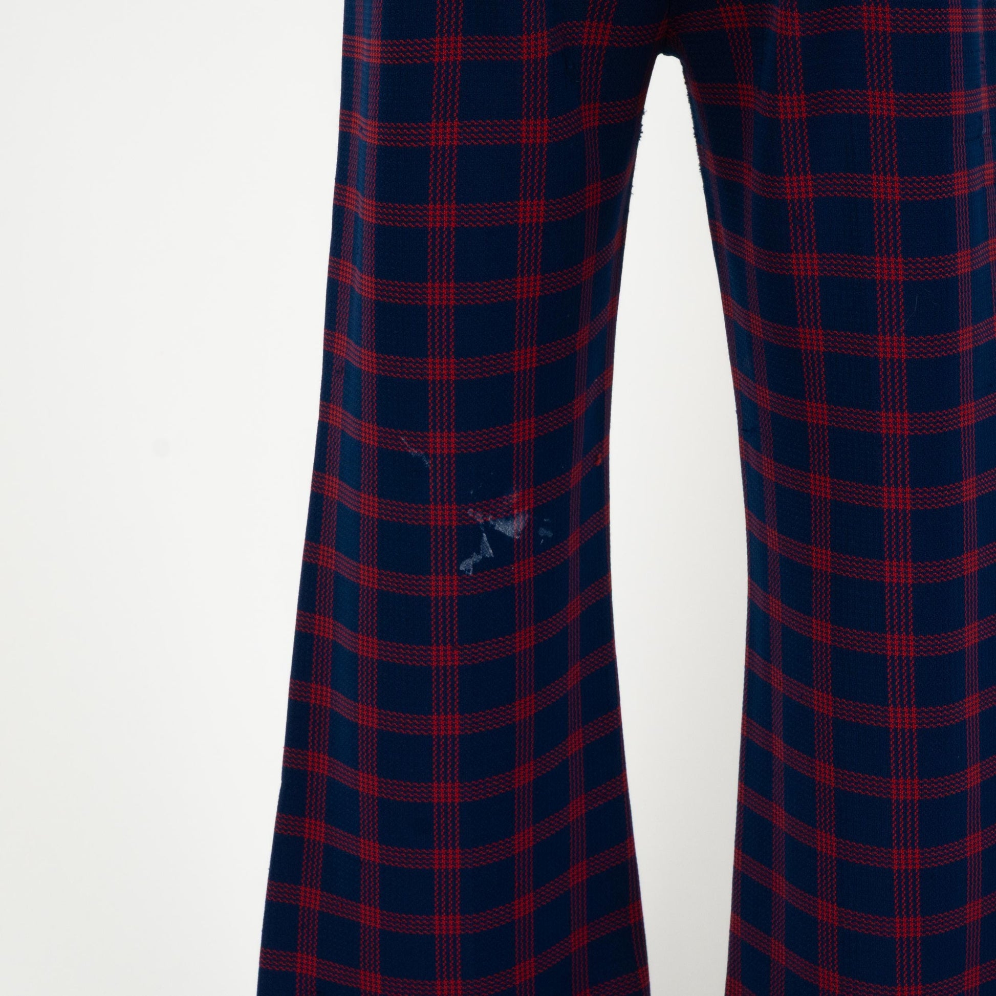Vintage 70s Navy Blue & Red Plaid Flared Pants - Medium, 28" Waist | Retro High Waisted Trousers