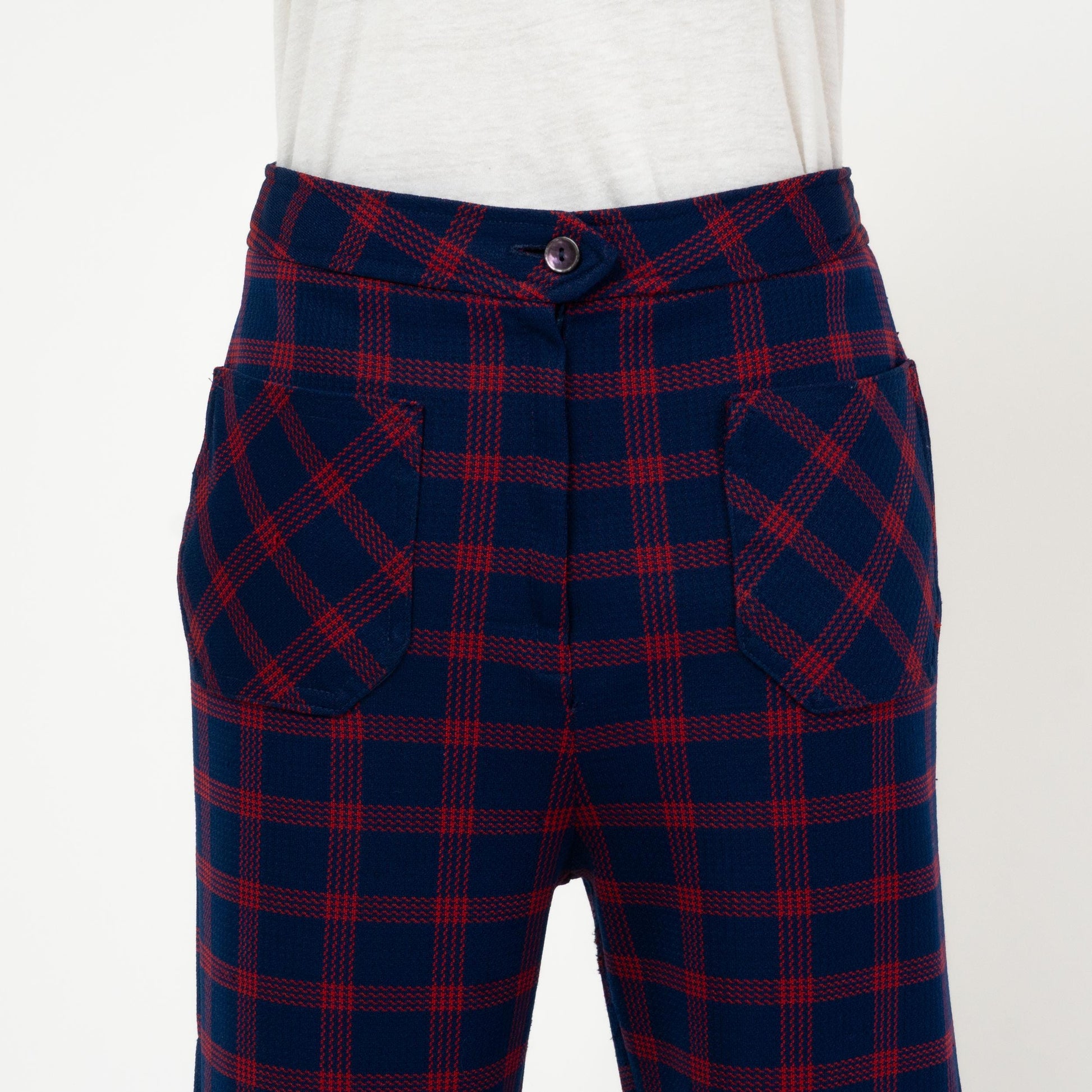 Vintage 70s Navy Blue & Red Plaid Flared Pants - Medium, 28" Waist | Retro High Waisted Trousers