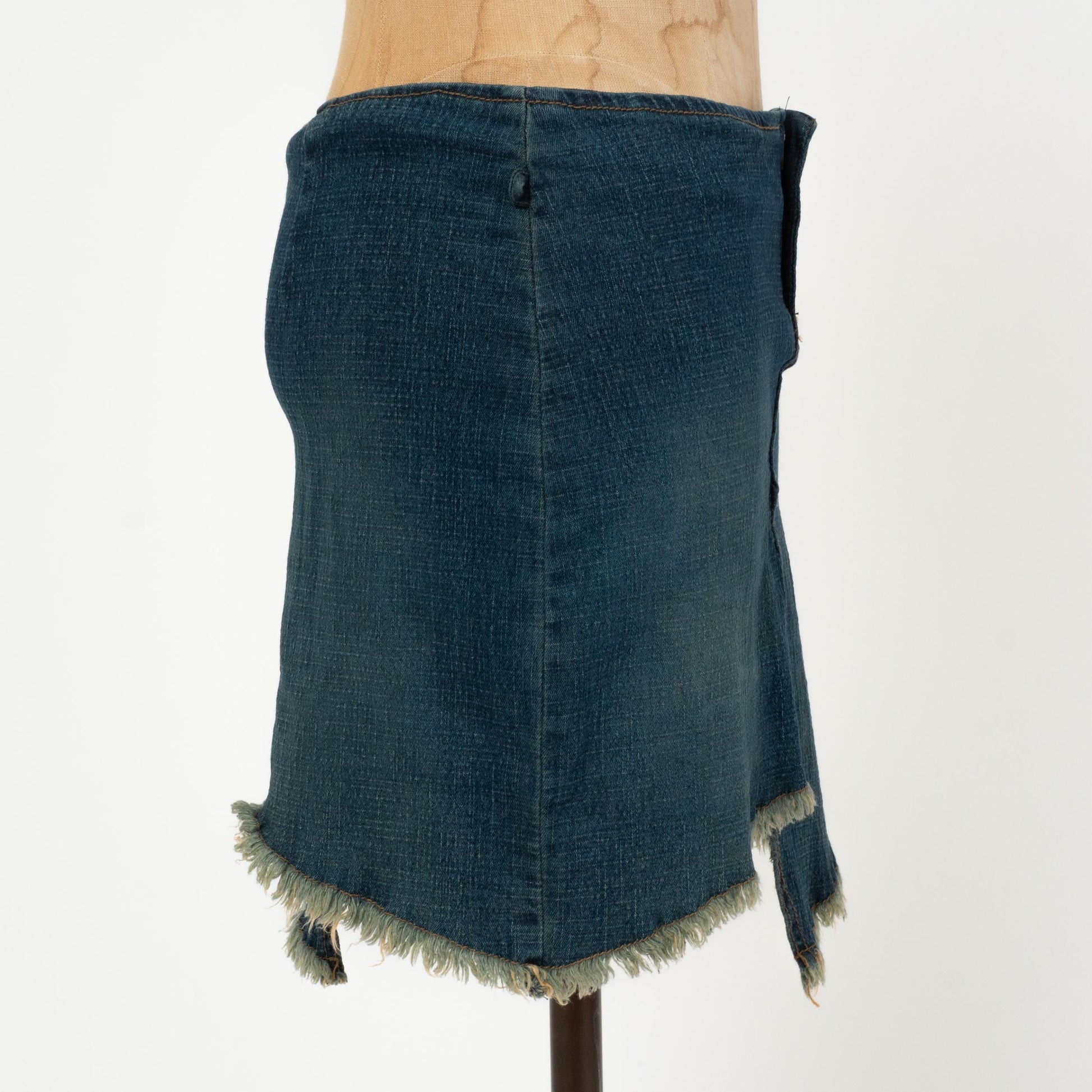 Vintage Y2K Low Rise Asymmetrical Denim Mini Skirt - Small | Faded Dark Wash Blue Jean Miniskirt