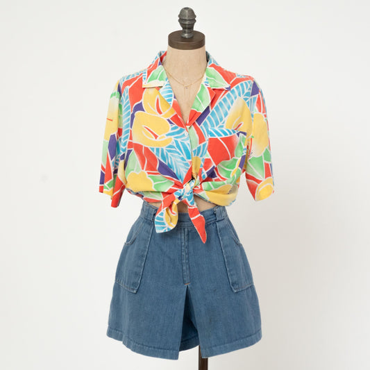 Vintage 80s Soft Tropical Floral Blouse - Large | Retro Women's Hawaiian Shirt