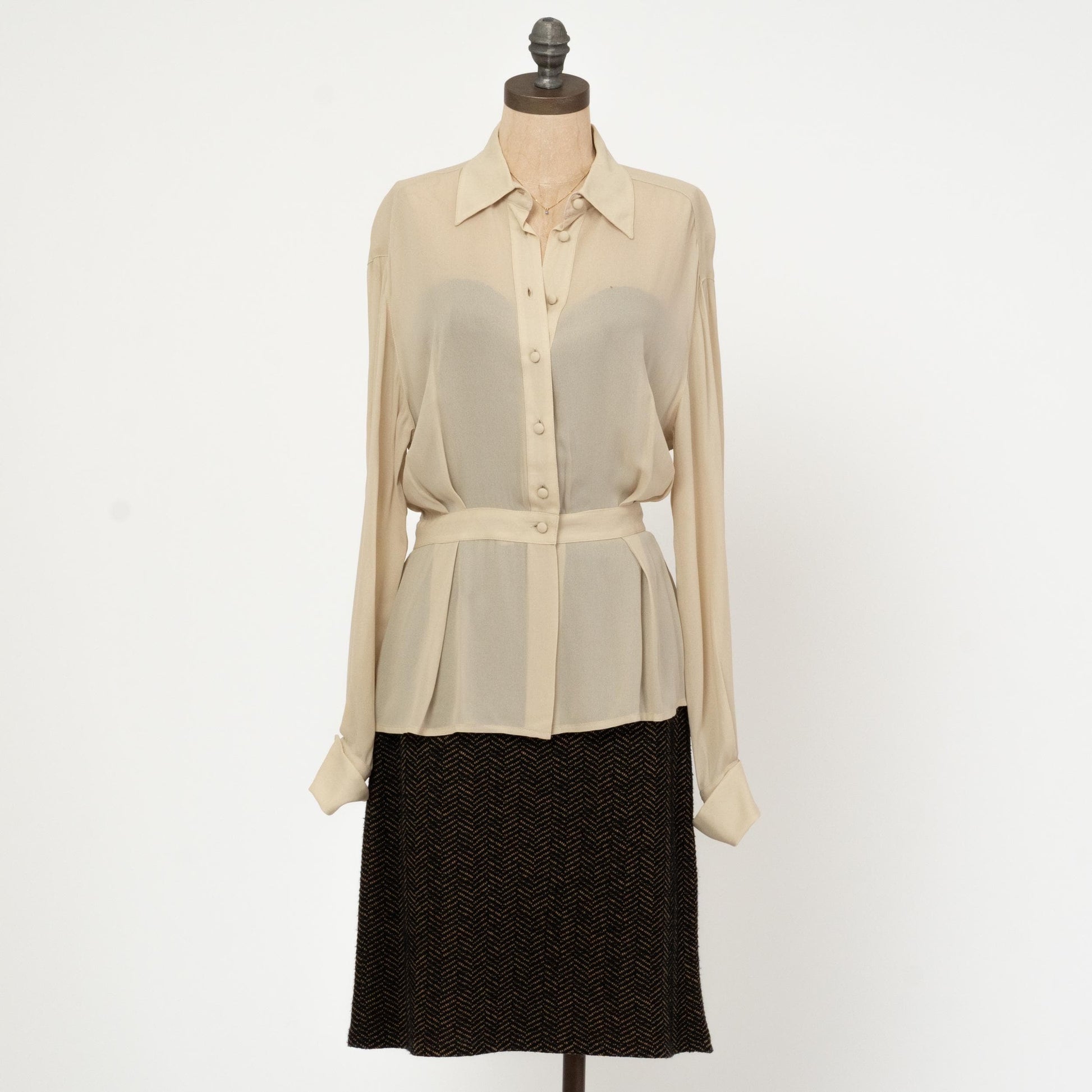 Vintage 90s Sheer Taupe Cinched Waist Blouse - Medium | Bishop Sleeve Collared Top