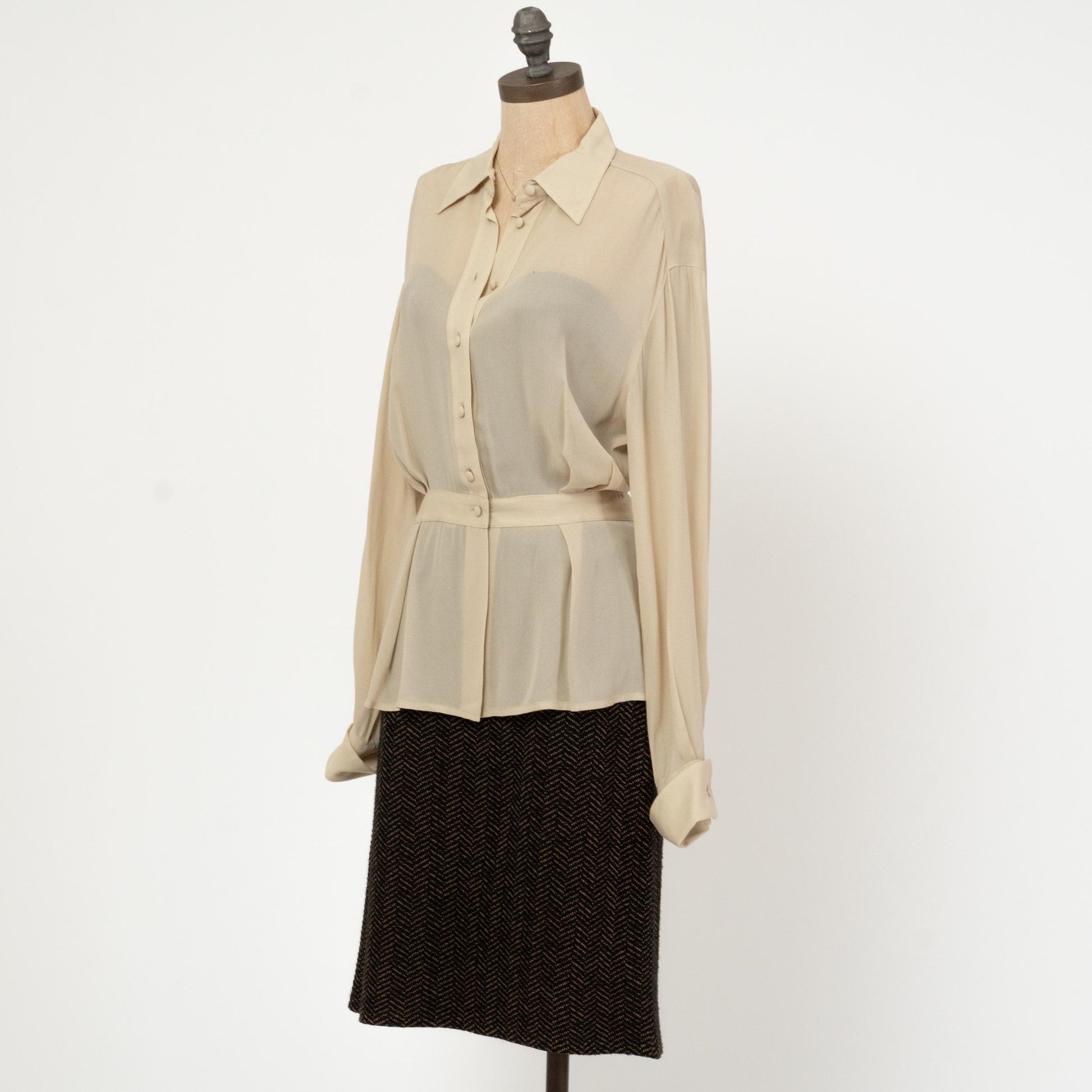 Vintage 90s Sheer Taupe Cinched Waist Blouse - Medium | Bishop Sleeve Collared Top