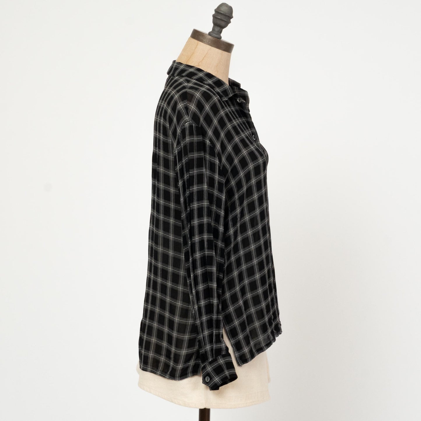 Vintage 90s Black Windowpane Plaid Blouse - Small | Button Up Collared Long Sleeve Shirt