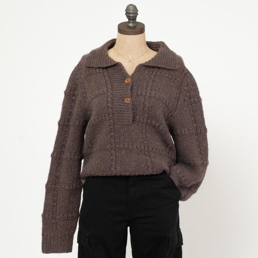 Vintage 80s Collared Chunky Knit Sweater - Large | Earth Tone Marled Knit Pullover
