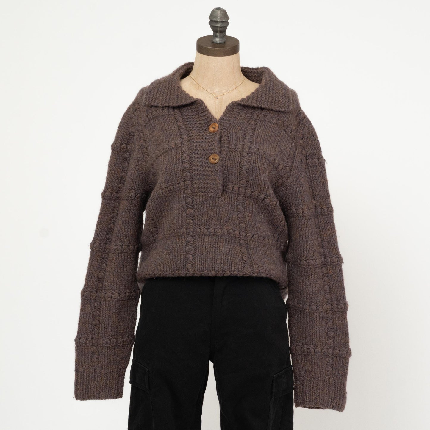 Vintage 80s Collared Chunky Knit Sweater - Large | Earth Tone Marled Knit Pullover
