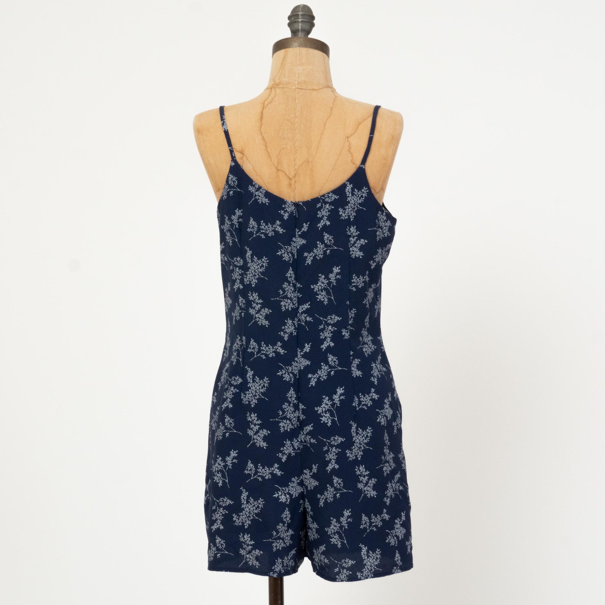 Vintage 90s Blue Floral Skort Romper - Medium | Boho Spaghetti Strap Mini Dress Playsuit