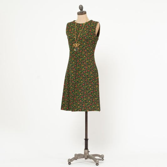 Vintage 60s Green Floral Mini Shift Dress - Medium | Retro Mod Sleeveless Dress