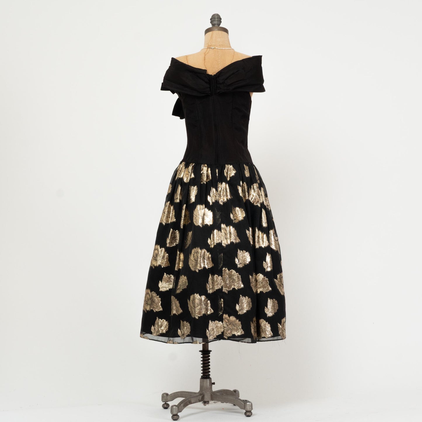 Vintage 80s Gunne Sax Off-Shoulder Party Dress - Small | Black Gold Basque Waist Fit Flare Bow Midi Dress