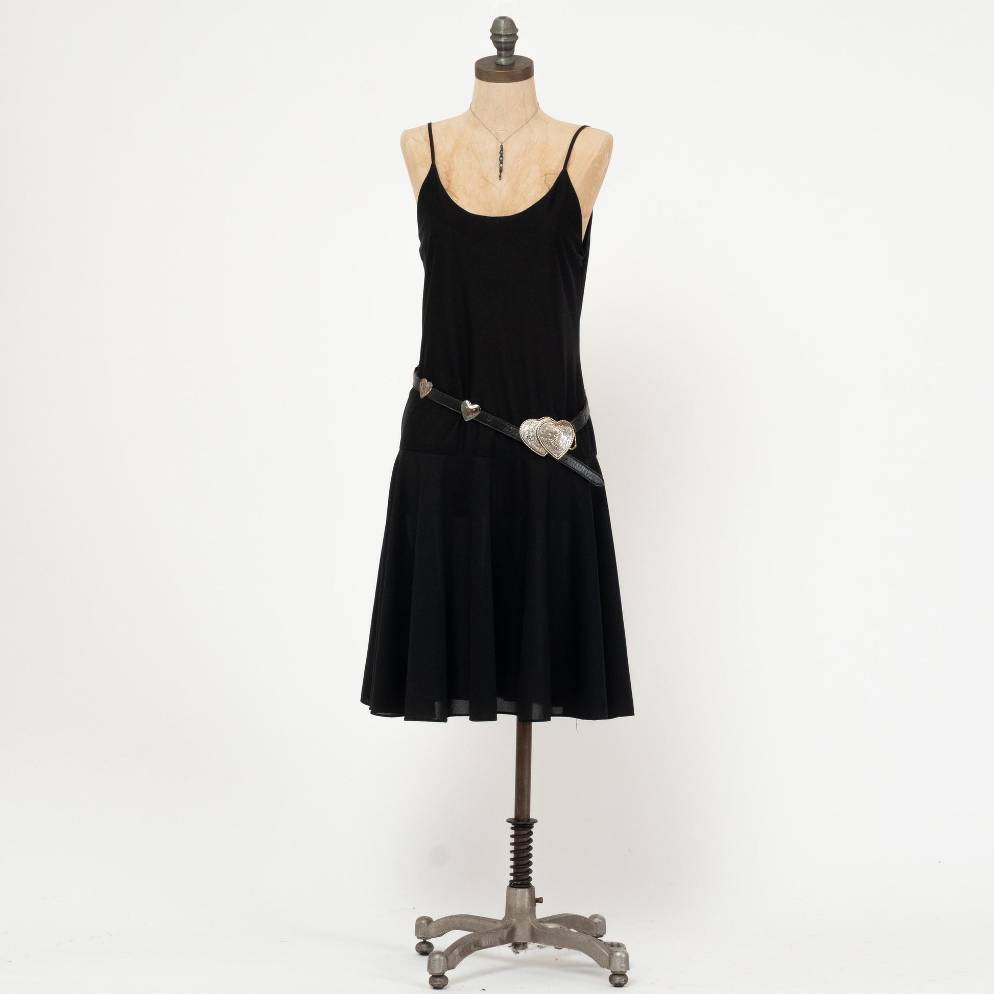 Vintage 90s Black Drop Waist Dress - Medium | Spaghetti Strap Knee Length Dress