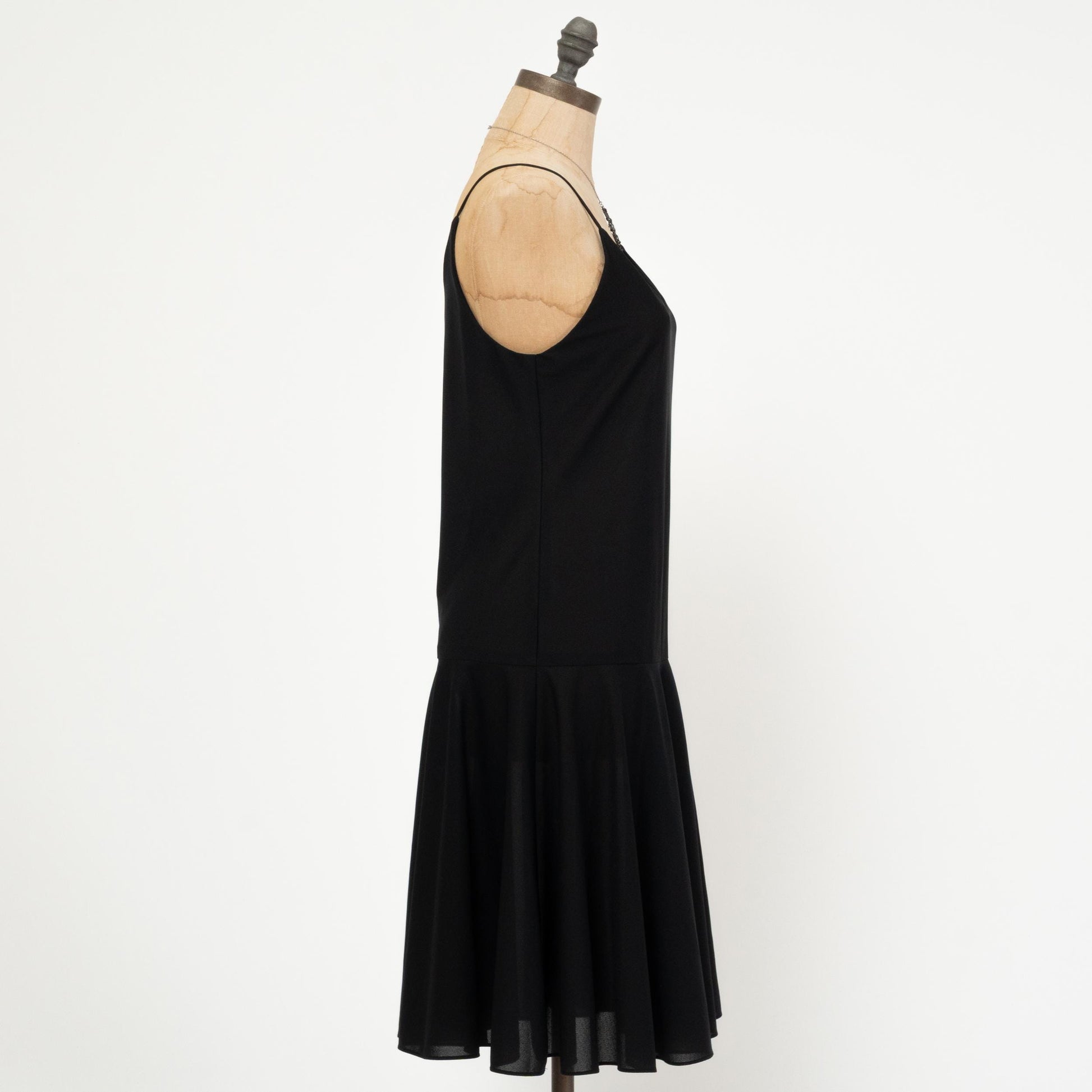 Vintage 90s Black Drop Waist Dress - Medium | Spaghetti Strap Knee Length Dress