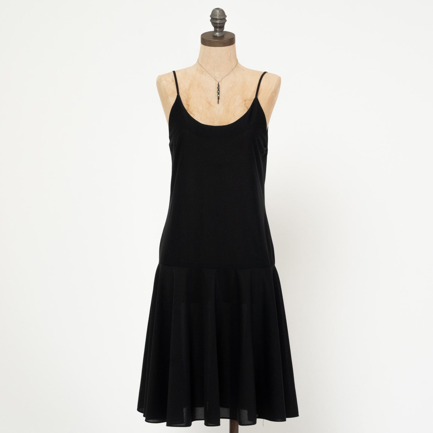 Vintage 90s Black Drop Waist Dress - Medium | Spaghetti Strap Knee Length Dress