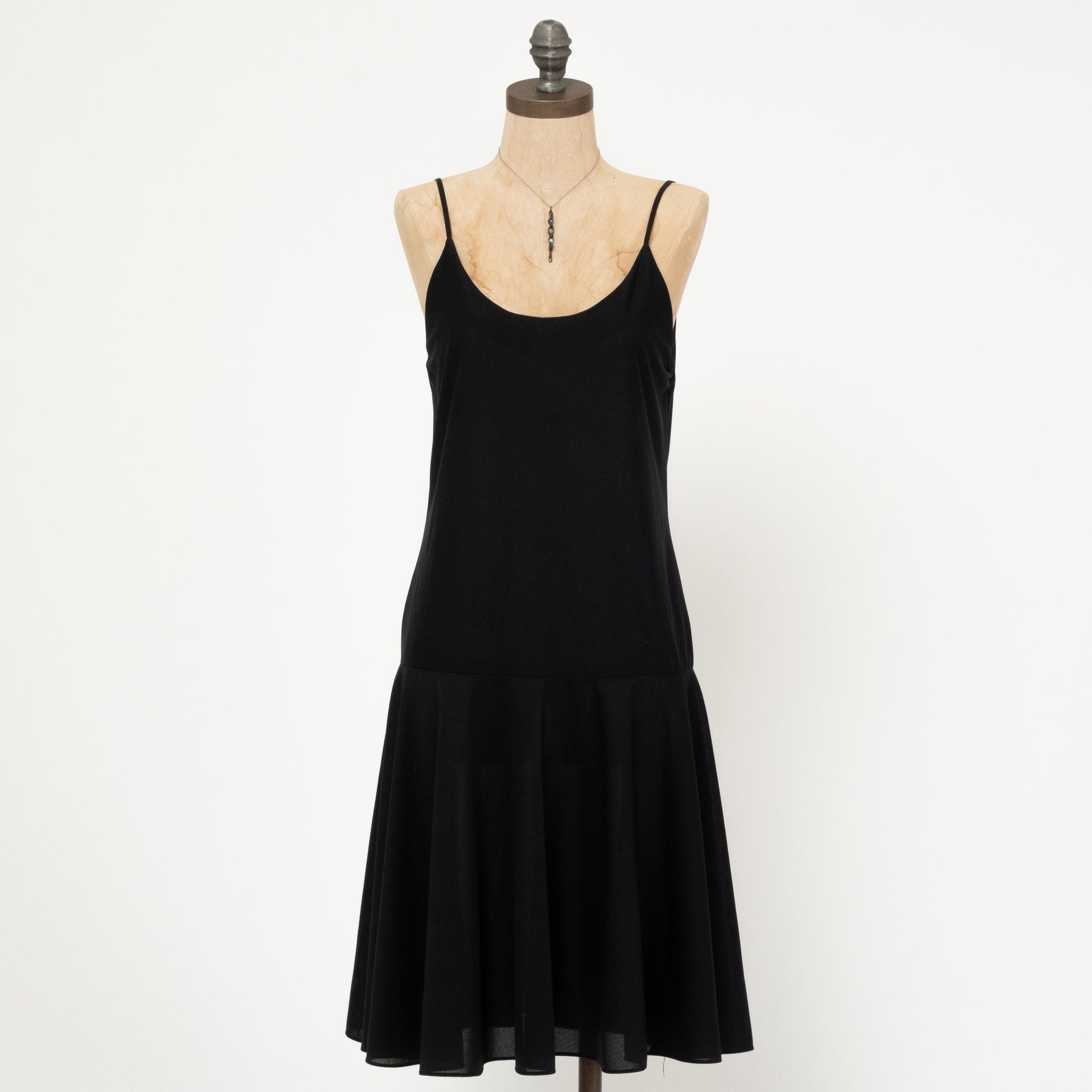 Vintage 90s Black Drop Waist Dress - Medium | Spaghetti Strap Knee Length Dress