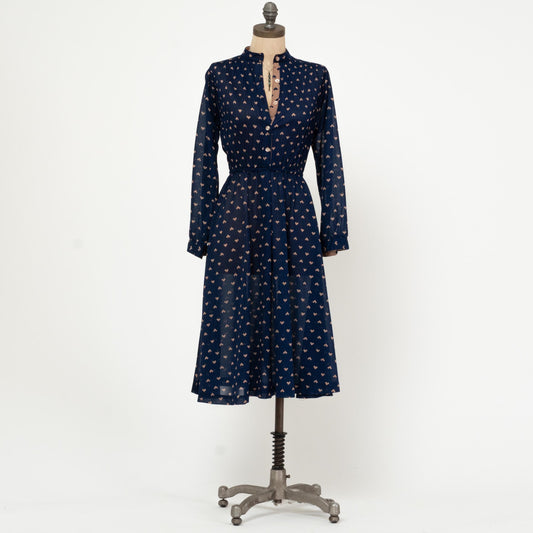 Vintage 70s Navy Blue Midi Shirtdress - Small | Long Sleeve Geometric Heart Print Secretary Dress