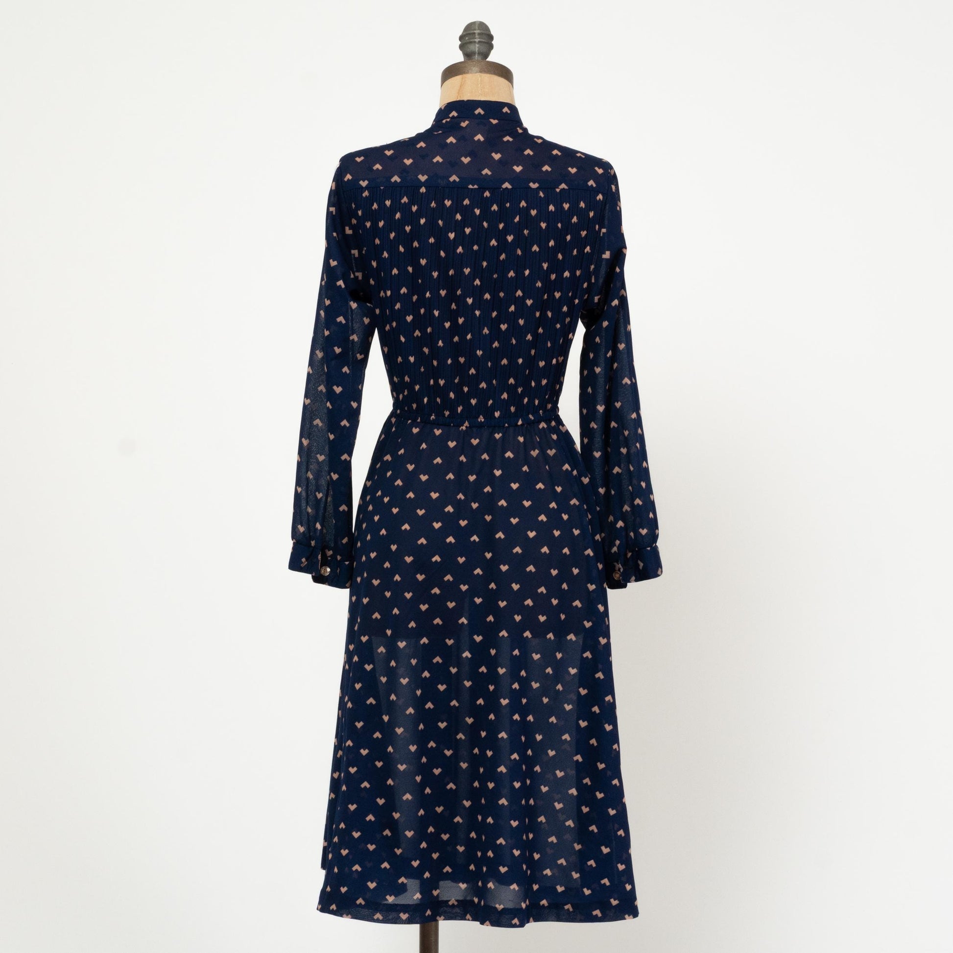 Vintage 70s Navy Blue Midi Shirtdress - Small | Long Sleeve Geometric Heart Print Secretary Dress