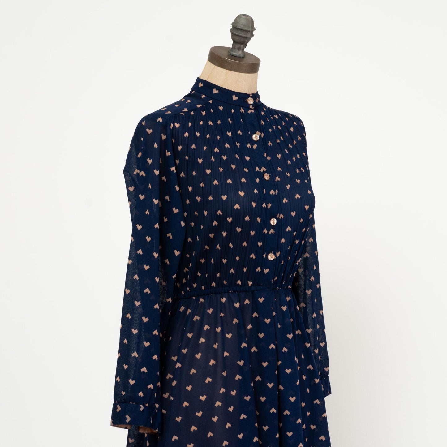 Vintage 70s Navy Blue Midi Shirtdress - Small | Long Sleeve Geometric Heart Print Secretary Dress