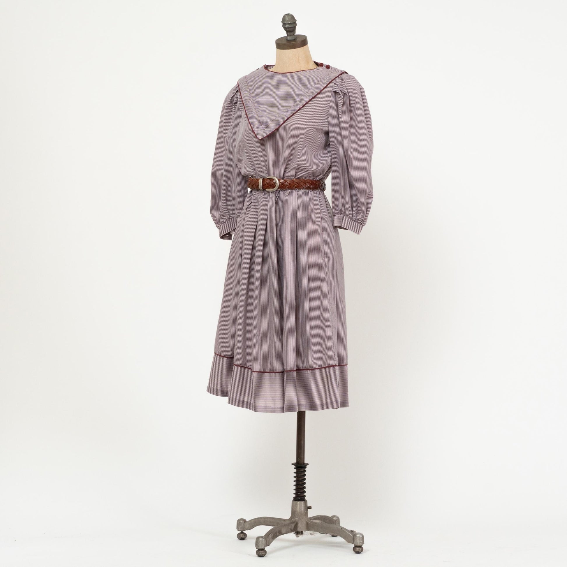 Vintage 80s Mauve Pinstripe Bib Collar Dress - Medium | Striped Puff Sleeve Midi Shirtdress