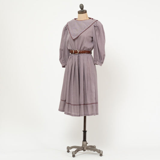 Vintage 80s Mauve Pinstripe Bib Collar Dress - Medium | Striped Puff Sleeve Midi Shirtdress