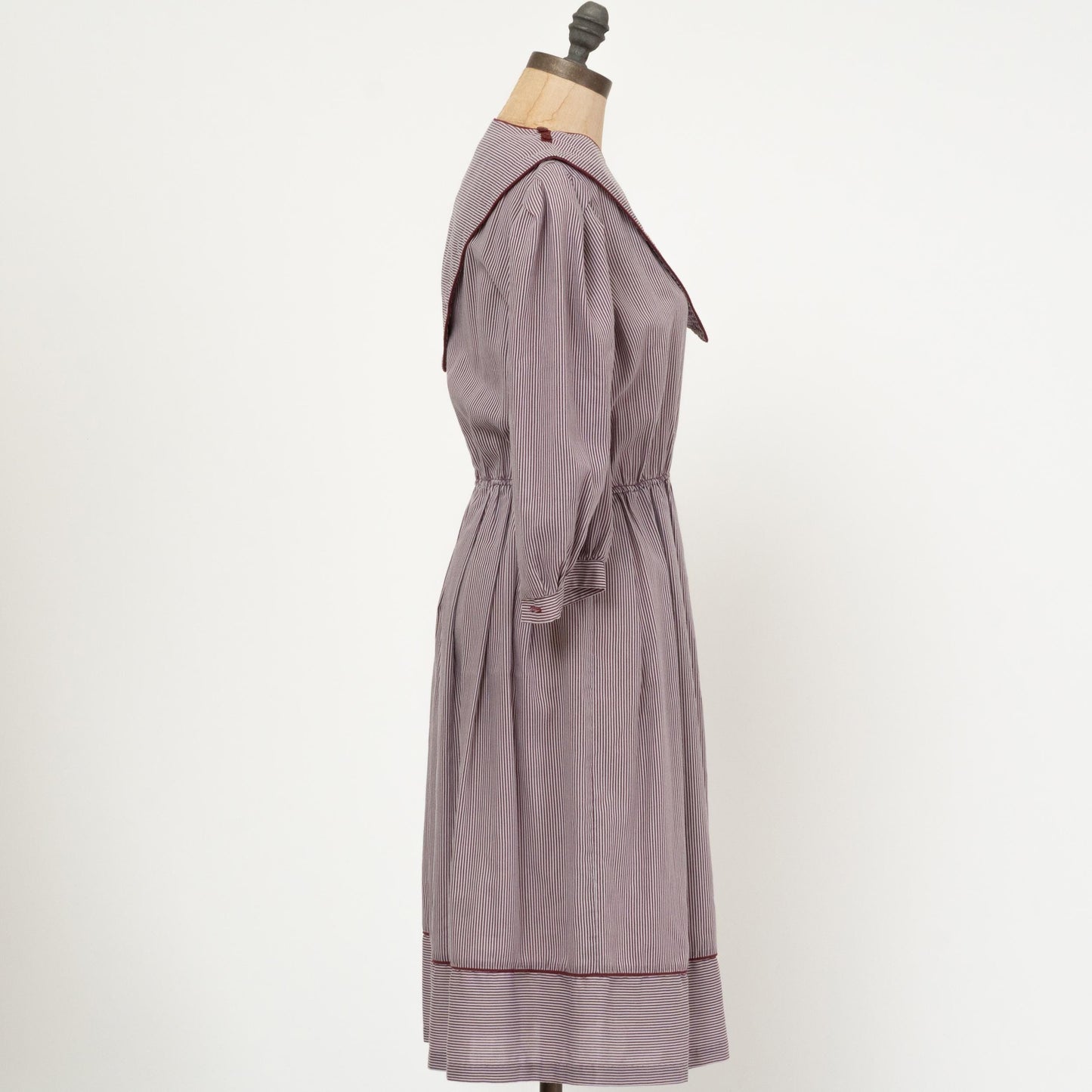 Vintage 80s Mauve Pinstripe Bib Collar Dress - Medium | Striped Puff Sleeve Midi Shirtdress