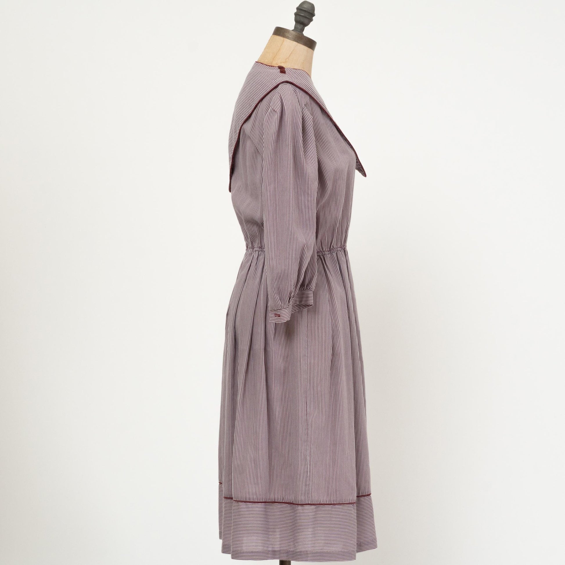 Vintage 80s Mauve Pinstripe Bib Collar Dress - Medium | Striped Puff Sleeve Midi Shirtdress