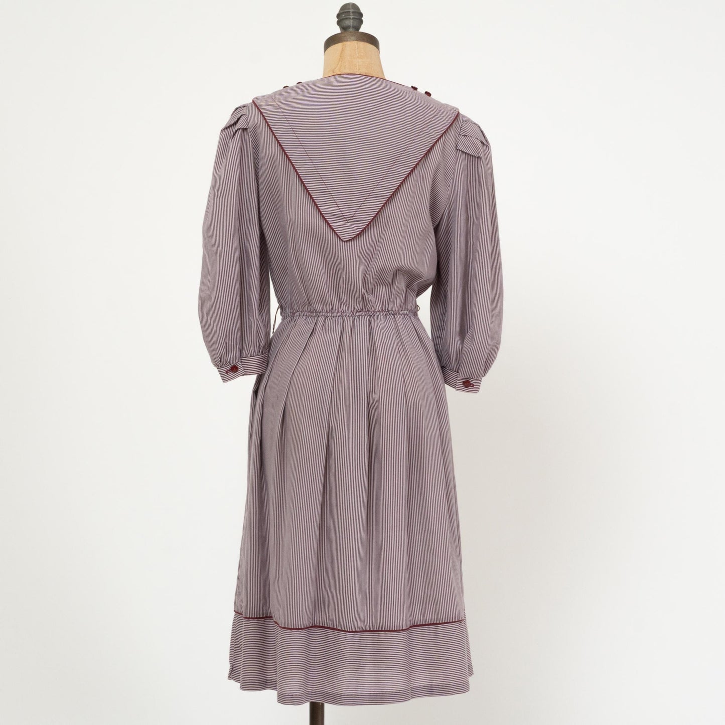 Vintage 80s Mauve Pinstripe Bib Collar Dress - Medium | Striped Puff Sleeve Midi Shirtdress
