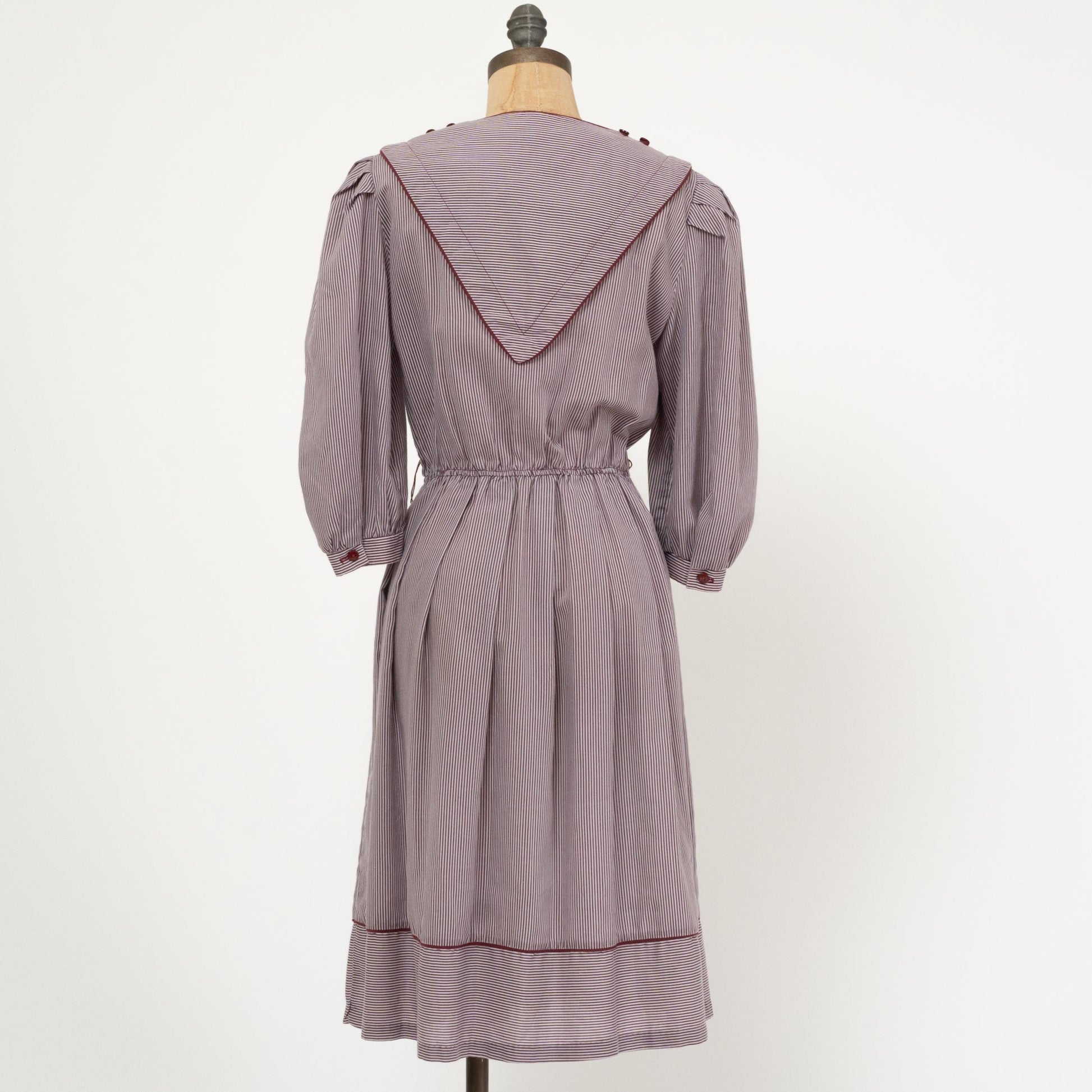 Vintage 80s Mauve Pinstripe Bib Collar Dress - Medium | Striped Puff Sleeve Midi Shirtdress