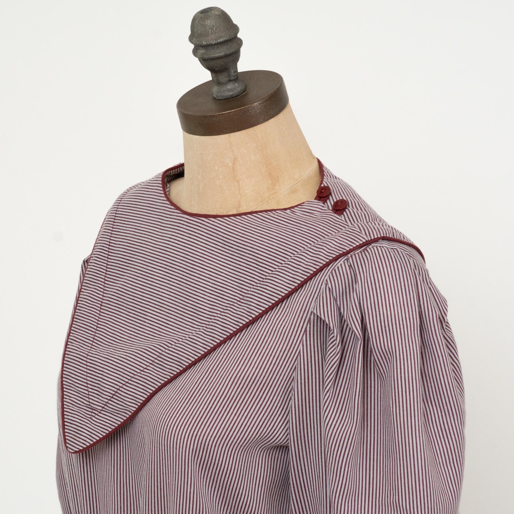 Vintage 80s Mauve Pinstripe Bib Collar Dress - Medium | Striped Puff Sleeve Midi Shirtdress