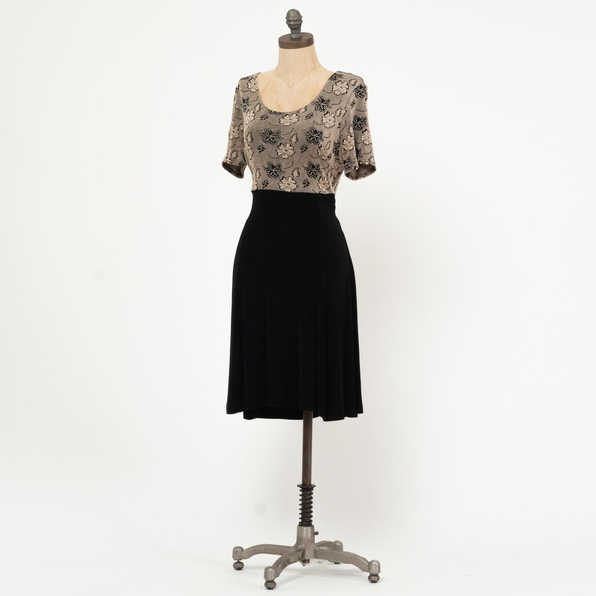 Vintage 90s Slinky Two-Tone Floral Dress - Extra Large | Grunge Short Sleeve Knee Length