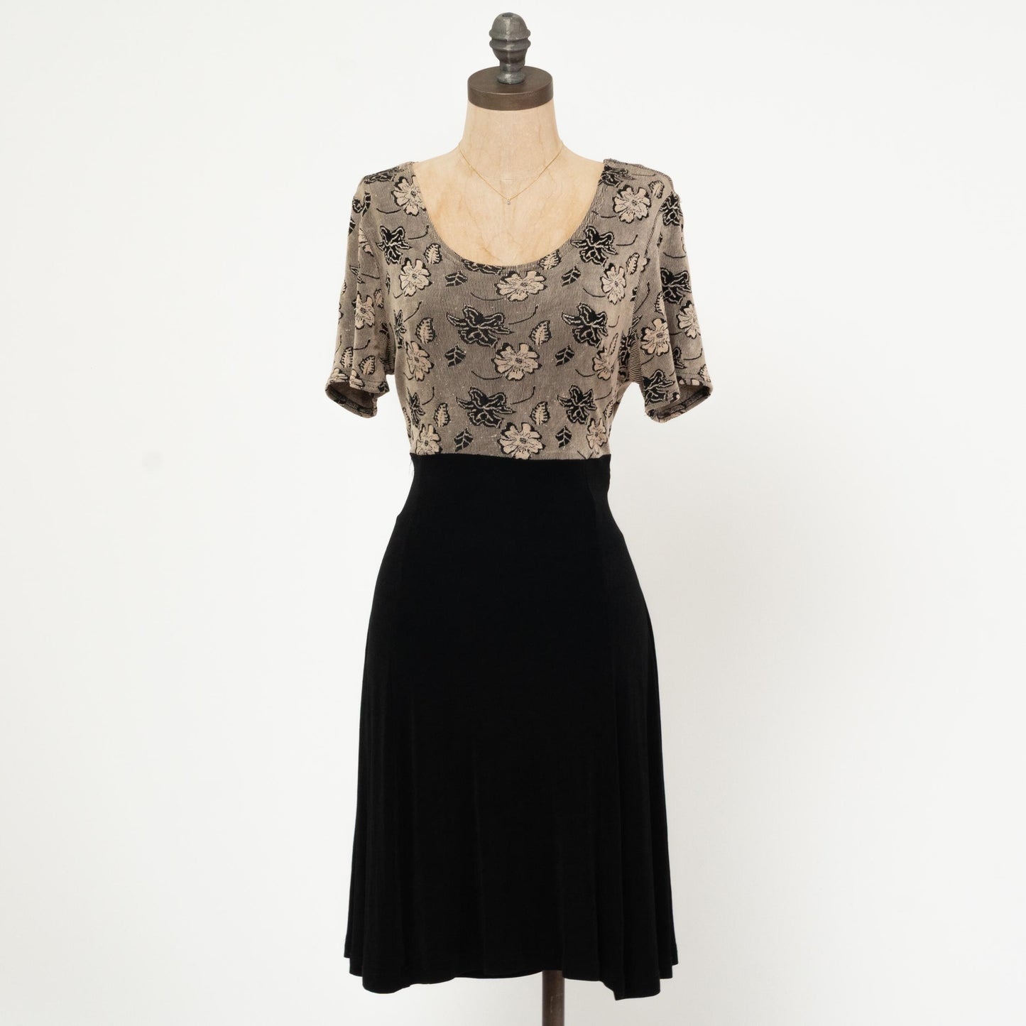 Vintage 90s Slinky Two-Tone Floral Dress - Extra Large | Grunge Short Sleeve Knee Length