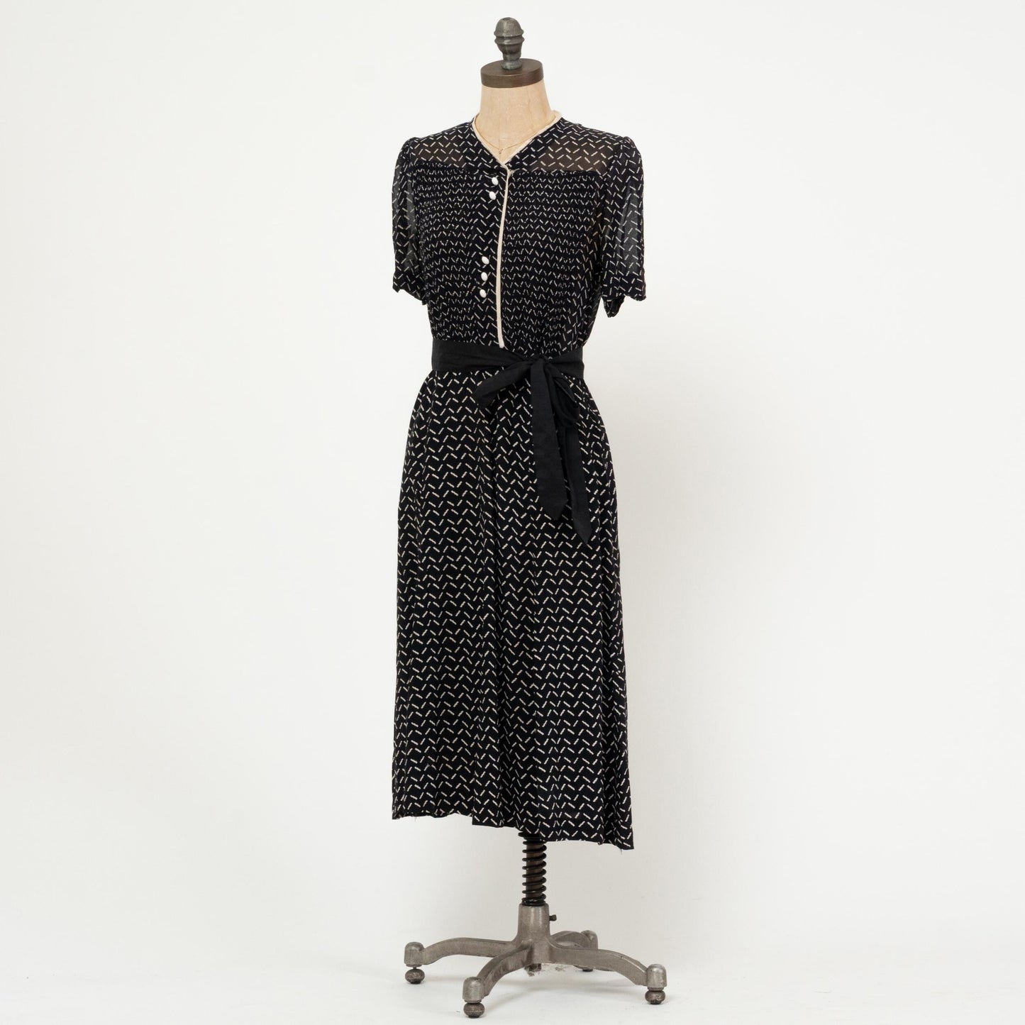 Vintage 40s Black & White Sheer Midi Shirtdress - Medium | 1940s Shirred Bodice Retro A Line Dress