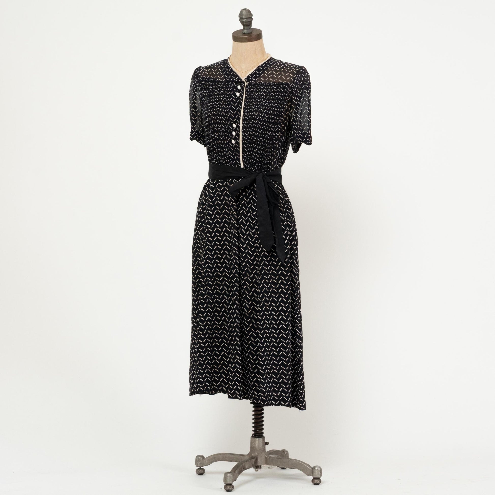 Vintage 40s Black & White Sheer Midi Shirtdress - Medium | 1940s Shirred Bodice Retro A Line Dress