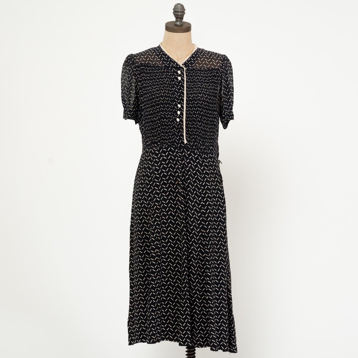 Vintage 40s Black & White Sheer Midi Shirtdress - Medium | 1940s Shirred Bodice Retro A Line Dress