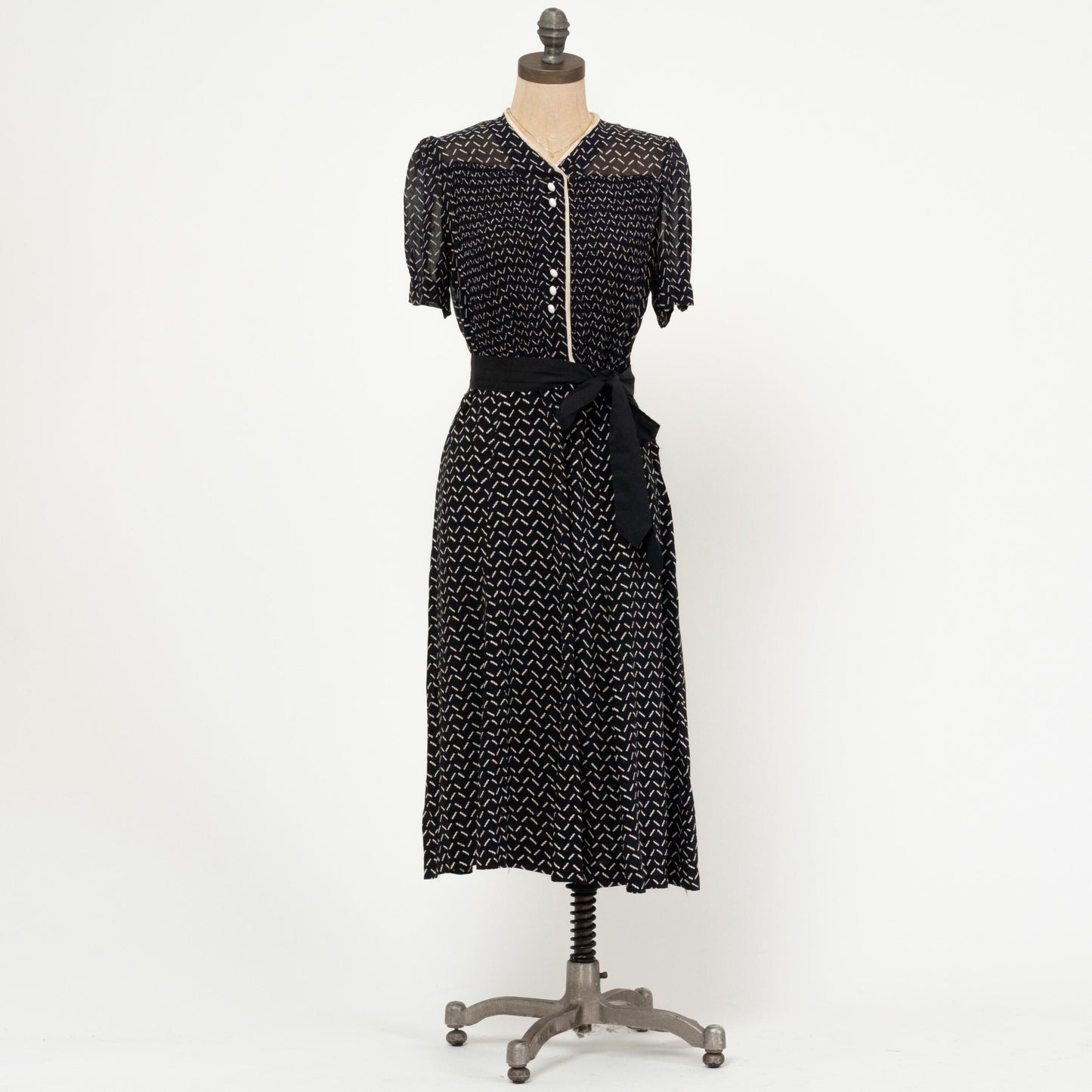Vintage 40s Black & White Sheer Midi Shirtdress - Medium | 1940s Shirred Bodice Retro A Line Dress