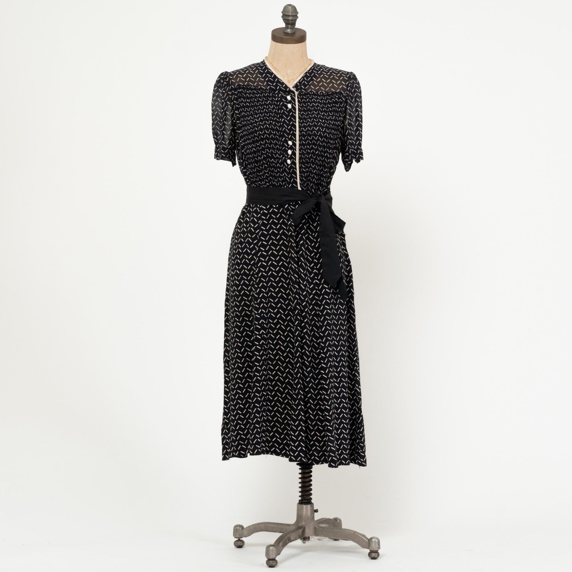 Vintage 40s Black & White Sheer Midi Shirtdress - Medium | 1940s Shirred Bodice Retro A Line Dress