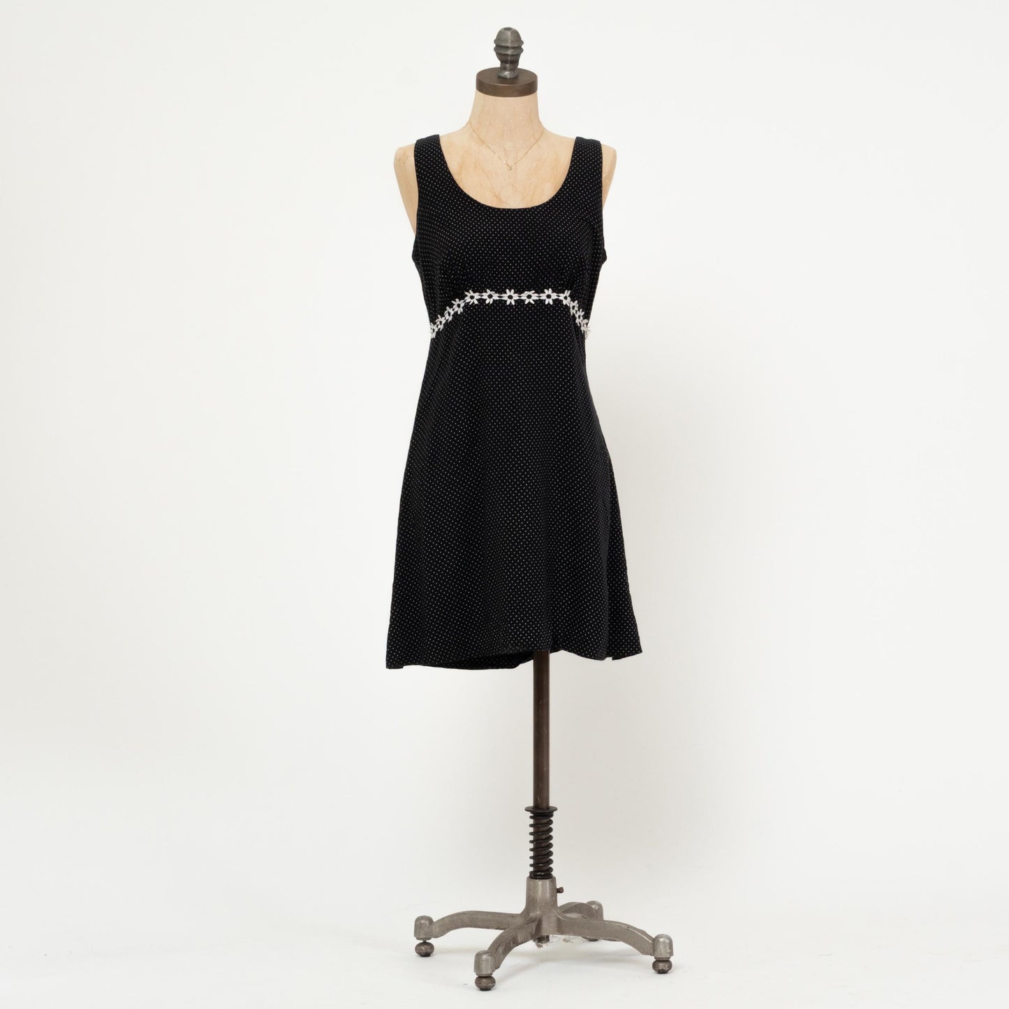 Vintage 90s Black & White Floral Polka Dot Mini Dress - Medium | Boho Babydoll Summer Sundress